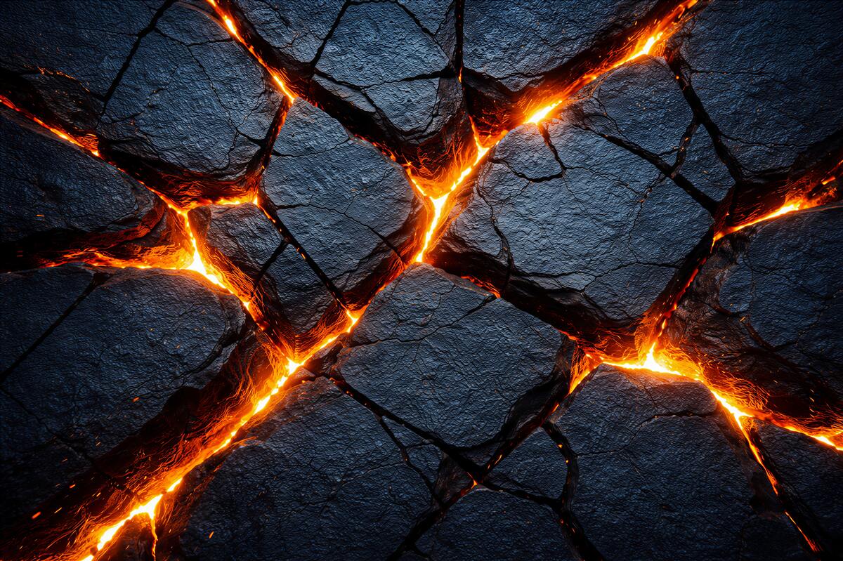 Fototapeten Glühende Lava in schwarzen Felsen