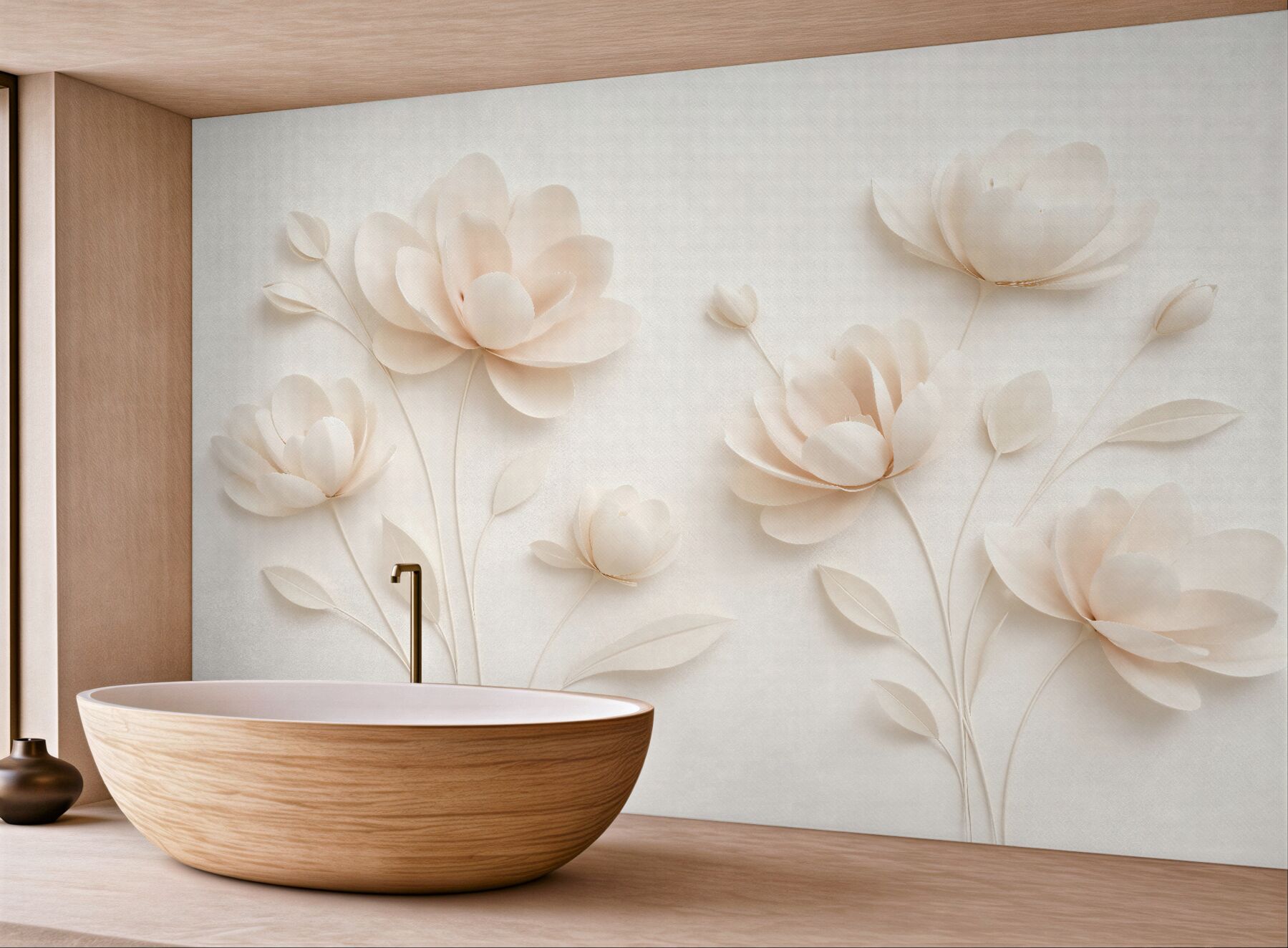 Fototapeten Cremefarbene Blumen im Papierrelïef