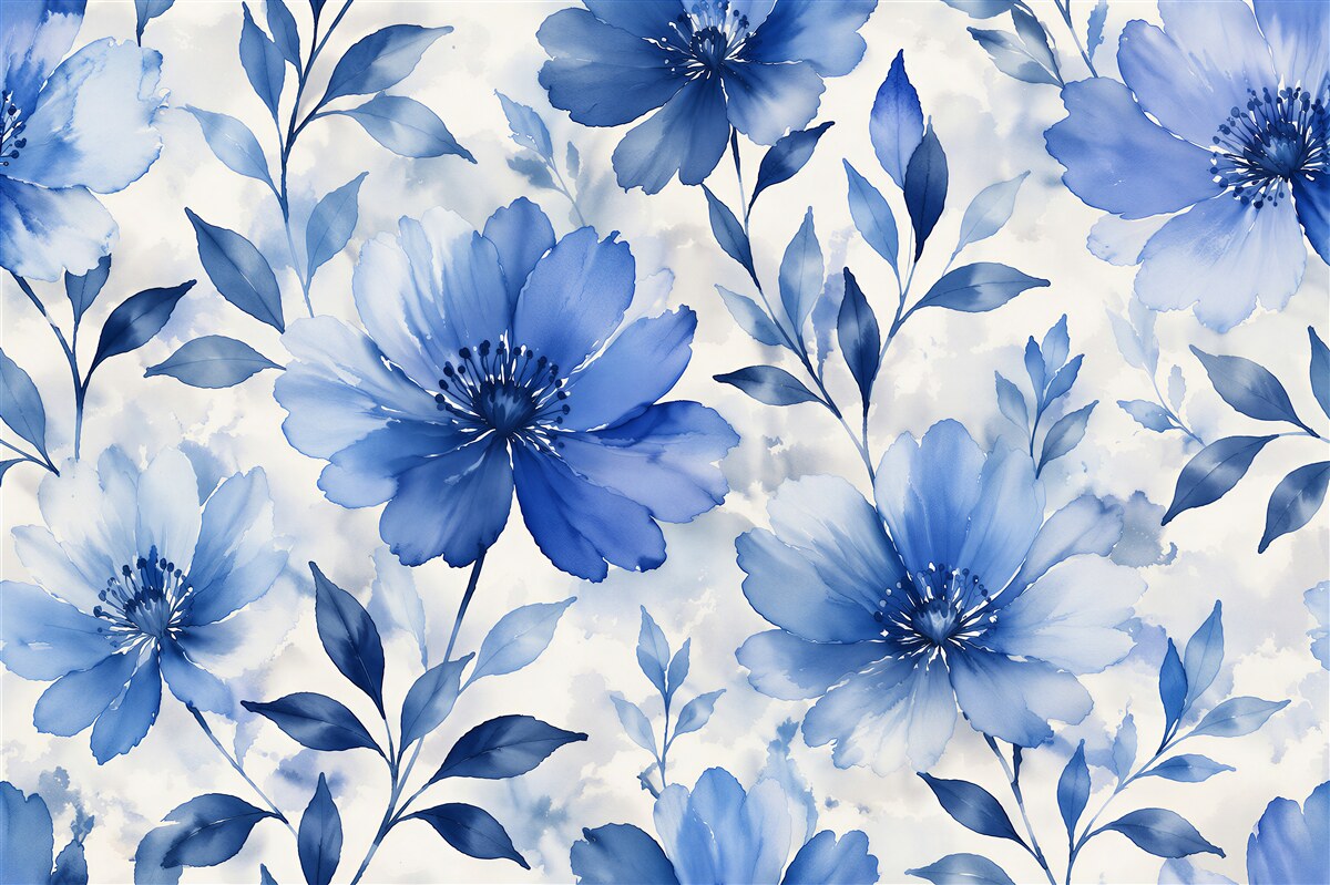 Fototapeten Blaue Blumen im Aquarellrhythmus