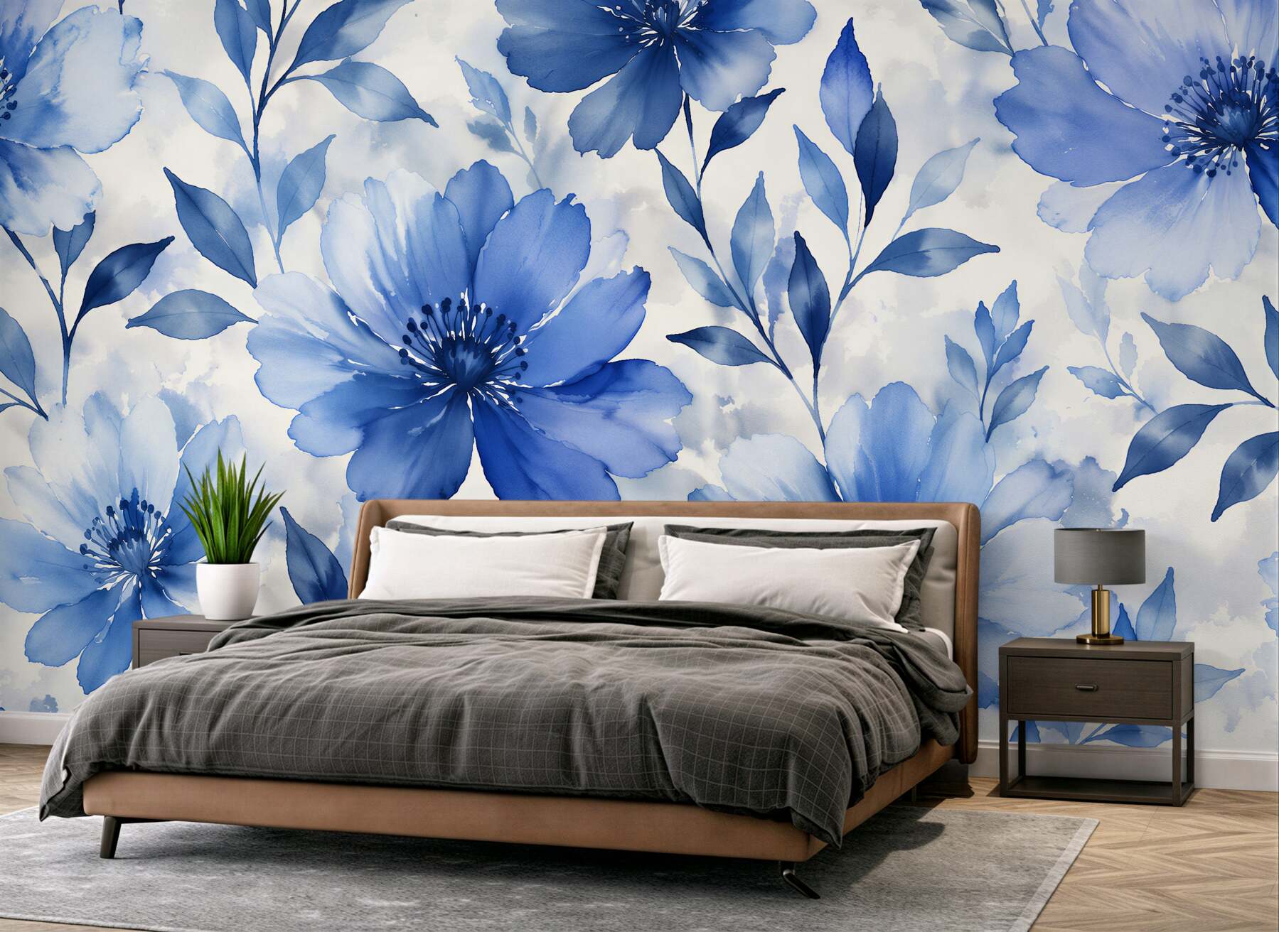 Fototapeten Blaue Blumen im Aquarellrhythmus