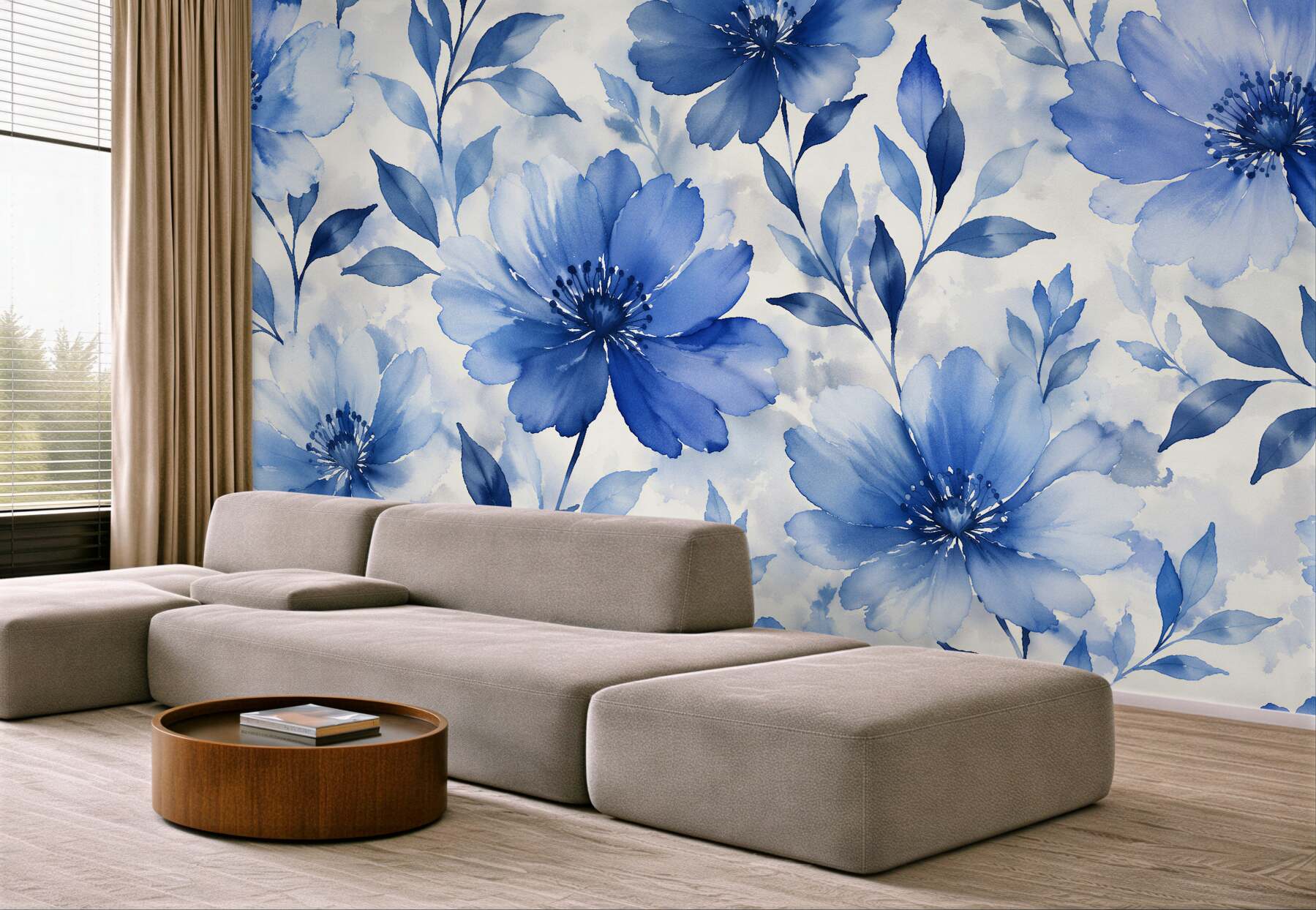 Fototapeten Blaue Blumen im Aquarellrhythmus