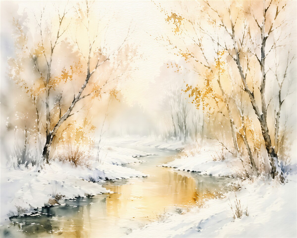Fototapeten Winterlicher Bach im goldenen Schimmer