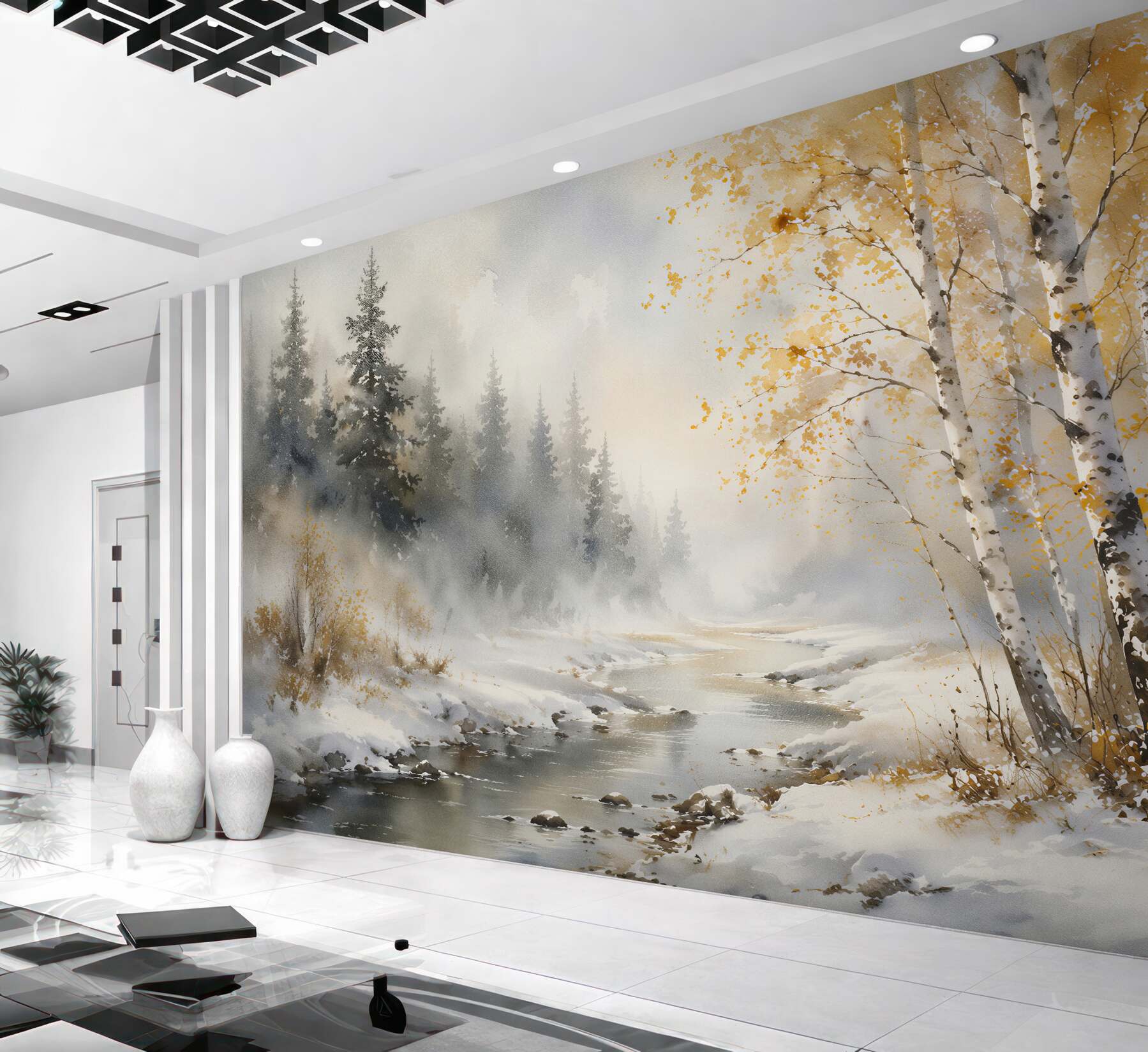 Fototapeten Winterlicher Bach zwischen Birken