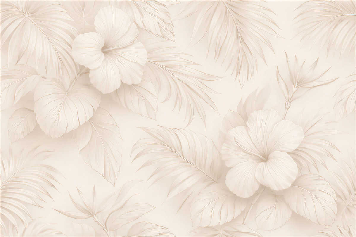 Fototapeten Cremefarbene Blumen und zarte Blätter