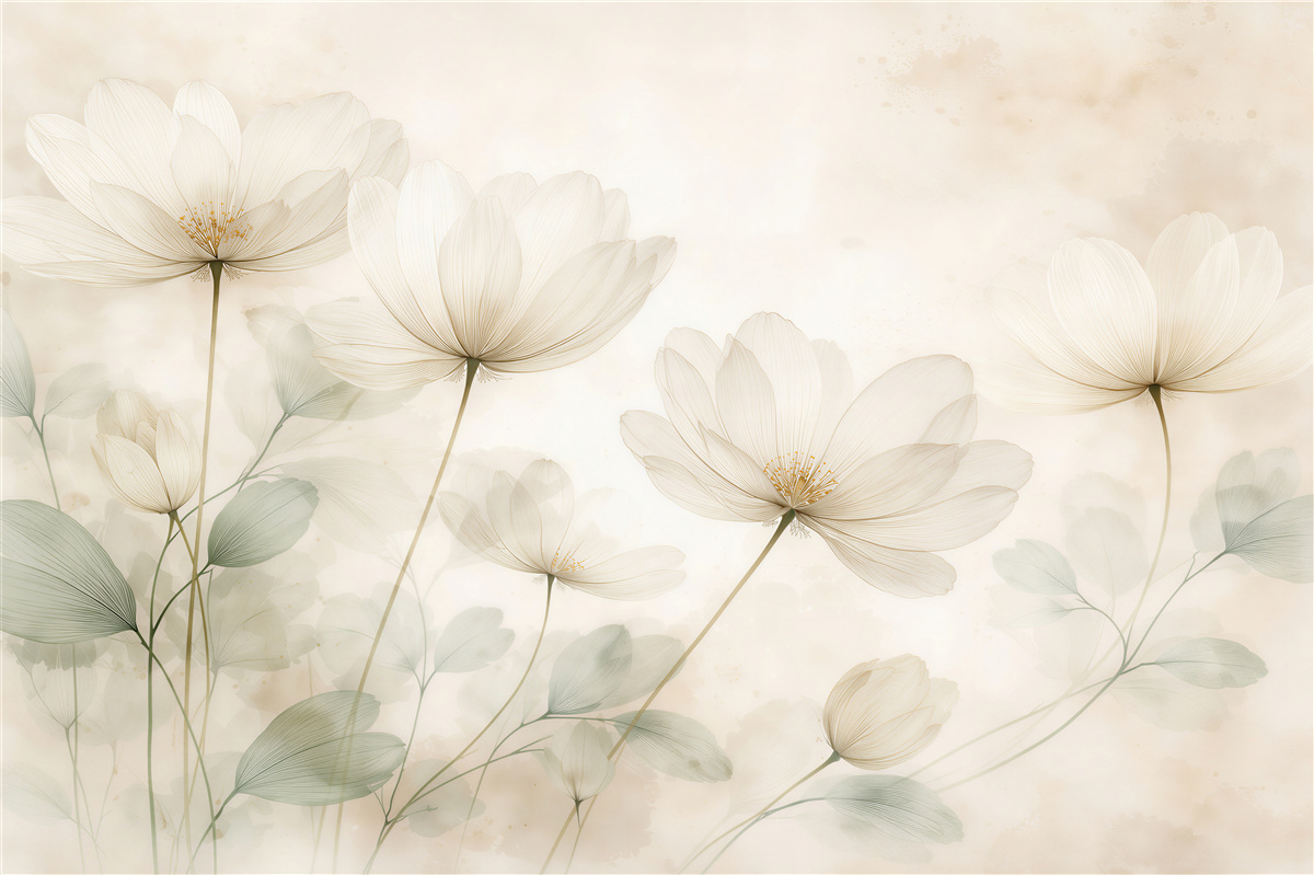 Fototapeten Zarte Blumen im beigen Nebel