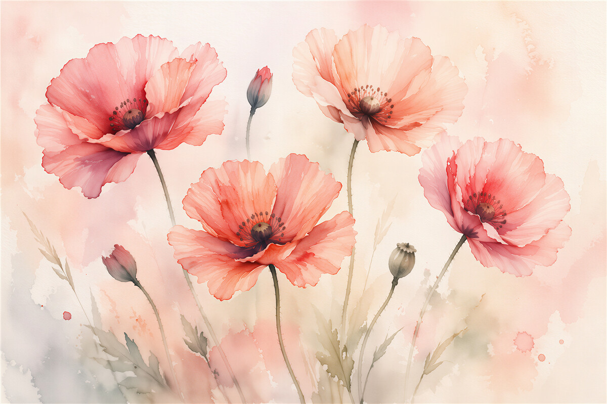 Fototapeten Zarte Mohnblumen in pastelliger Aquarellmalerei