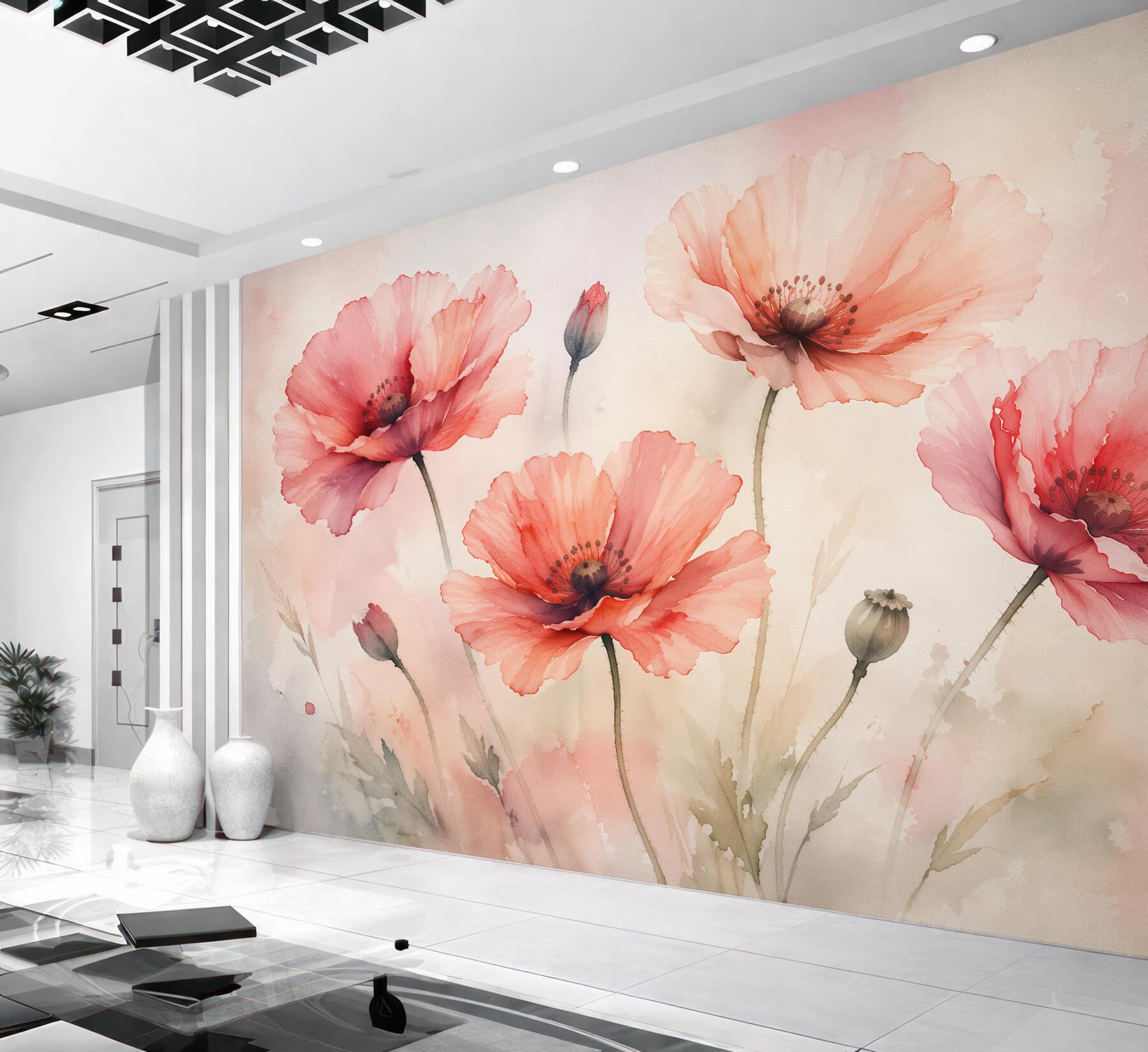 Fototapeten Zarte Mohnblumen in pastelliger Aquarellmalerei