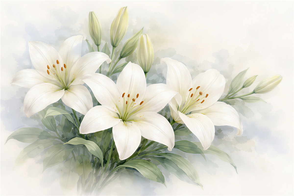 Fototapeten Weiße Lilien in subtiler Aquarellmalerei