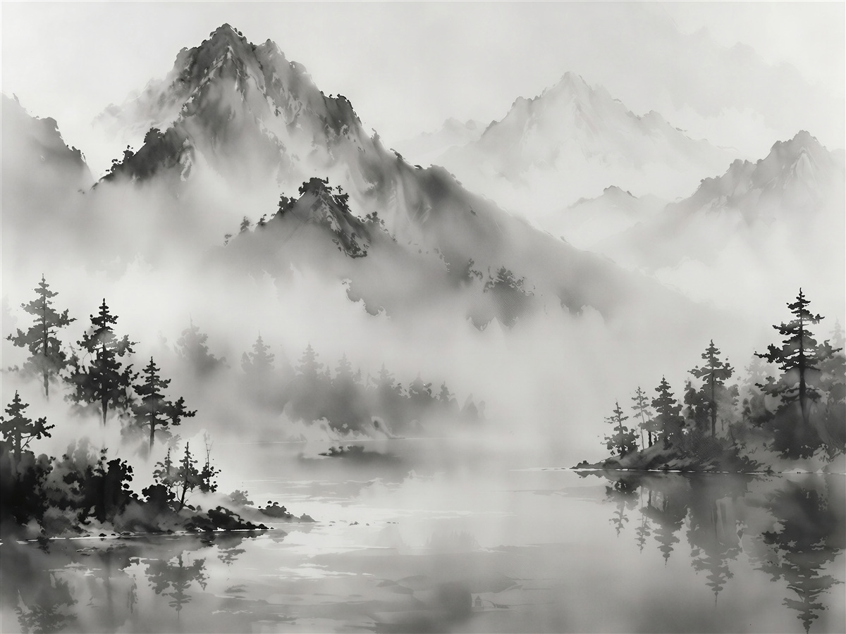Fototapeten Neblige Berge über einem stillen See