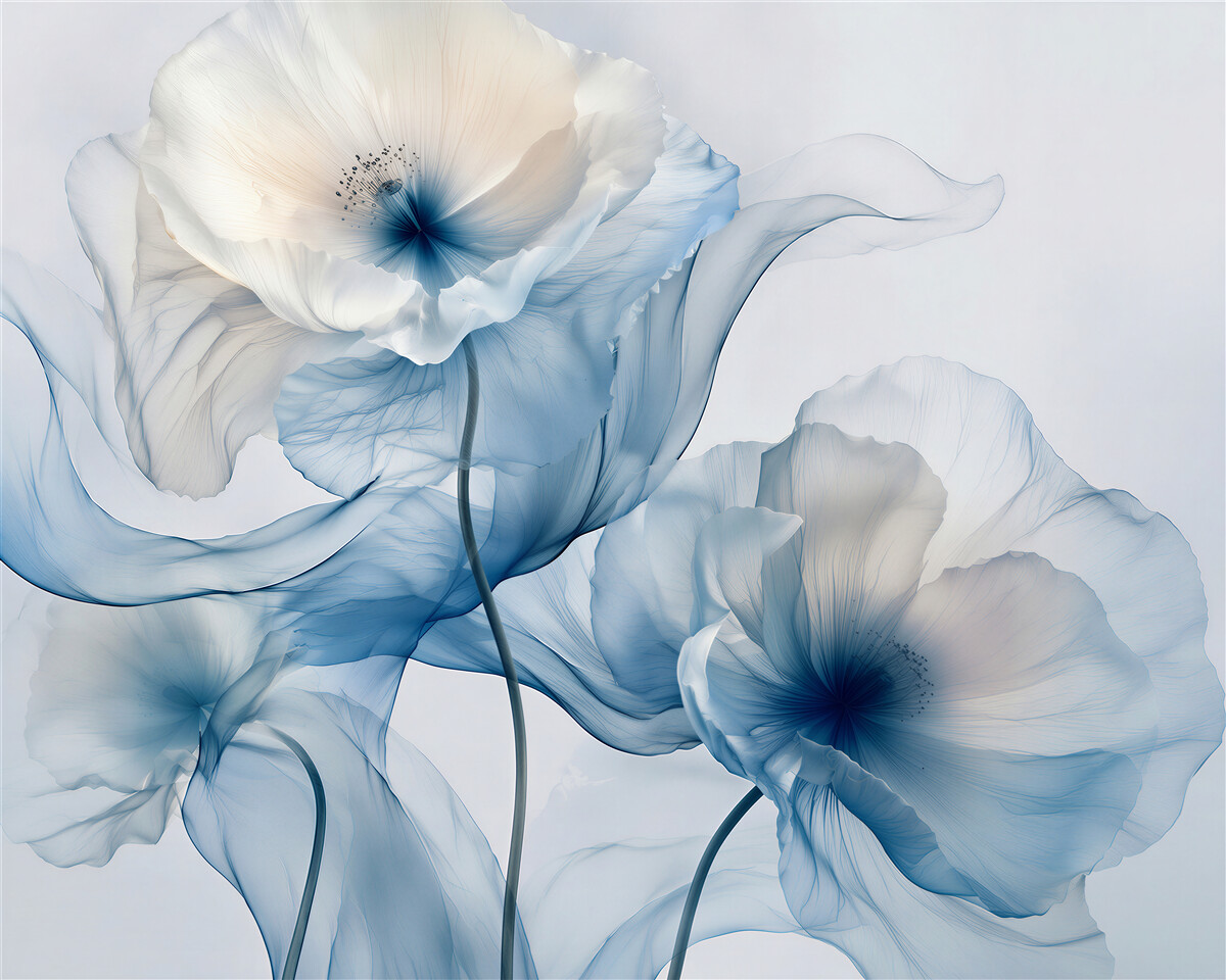Fototapeten Blaue Mohnblumen in ätherischer Optik