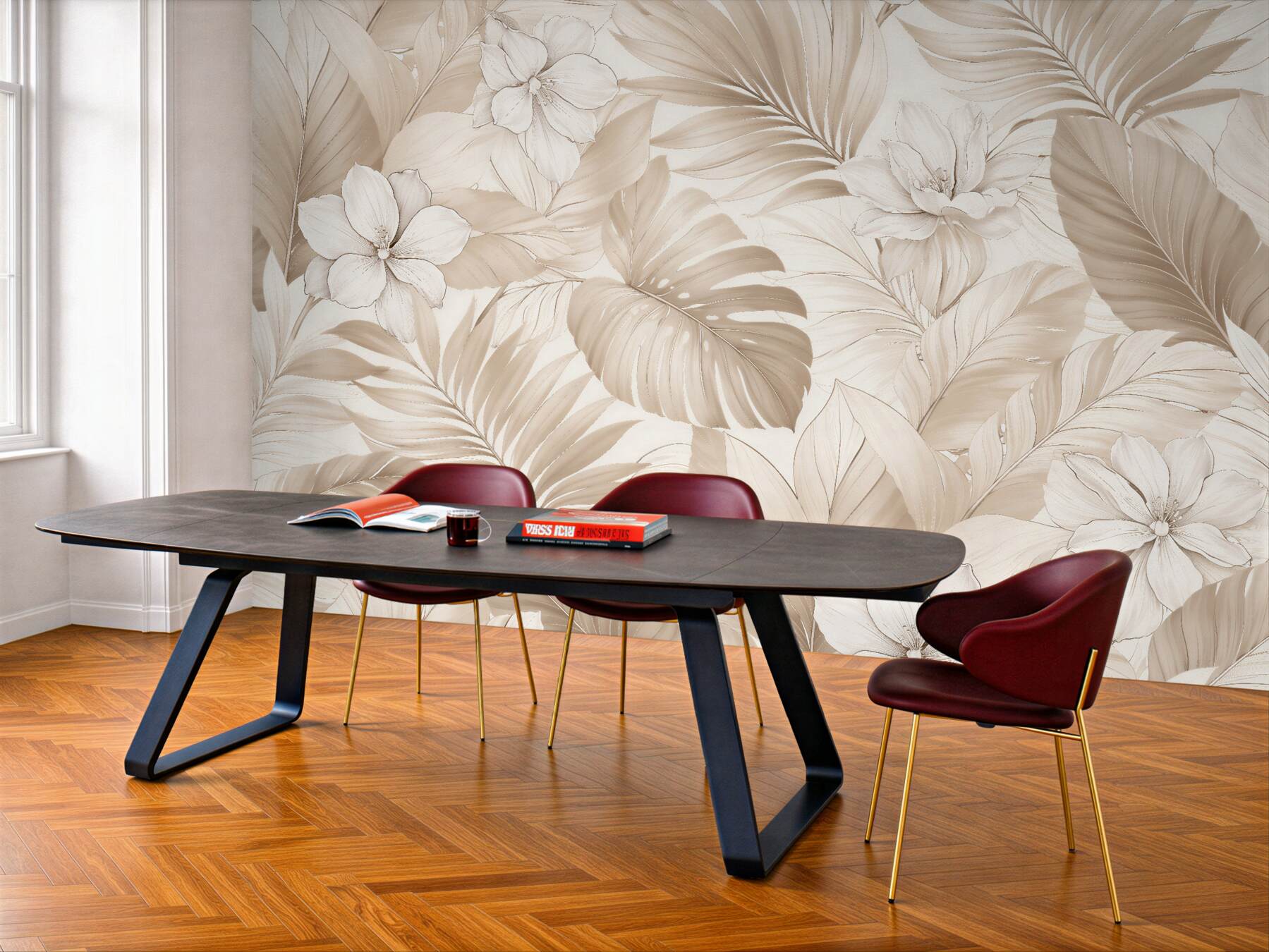 Fototapeten Beige Blätter und Blumen Premium