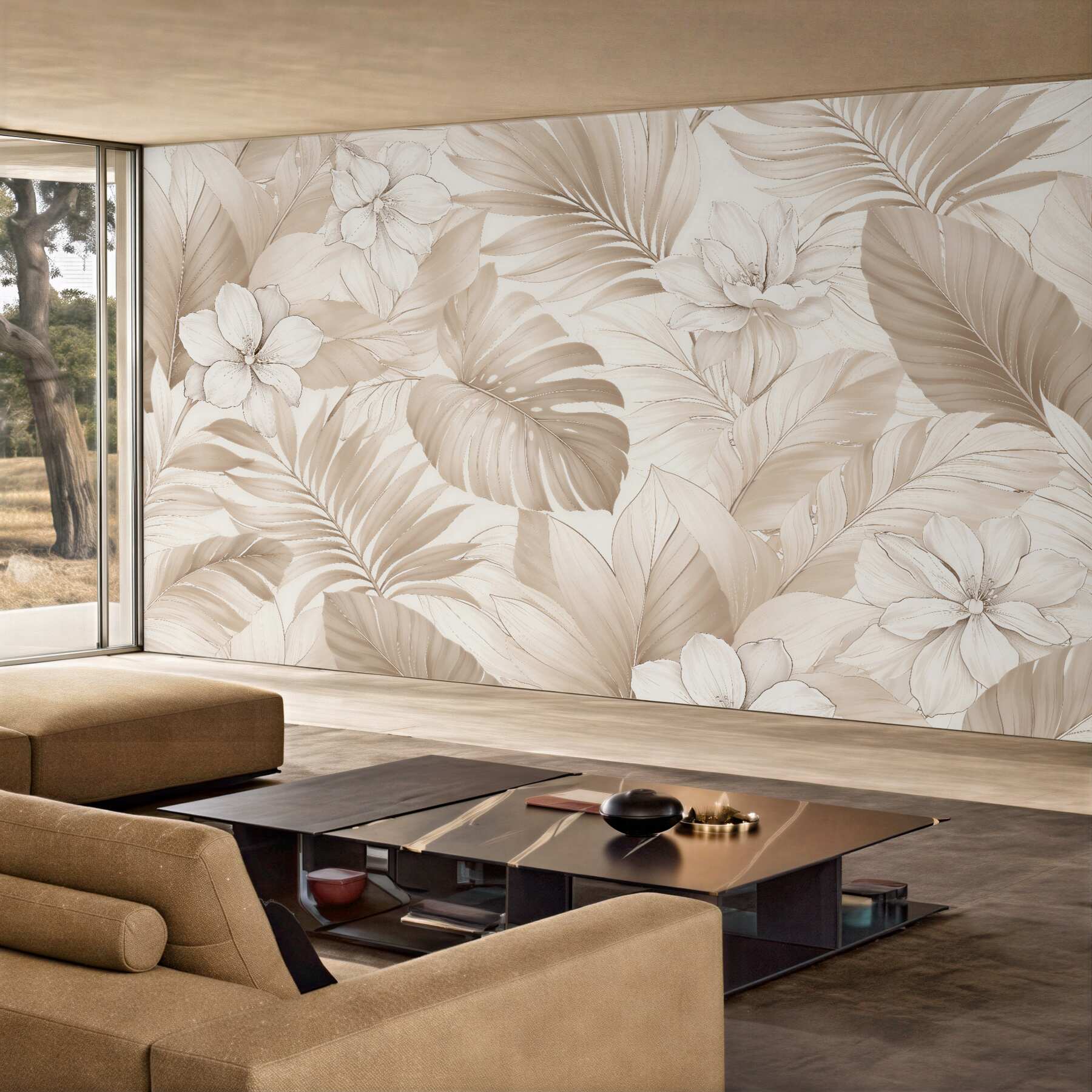 Fototapeten Beige Blätter und Blumen Premium