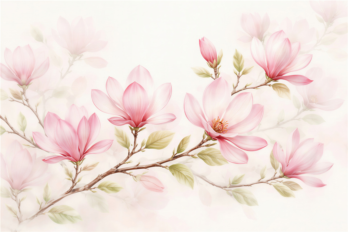 Fototapeten Zarte Magnolien an einem hellen Zweig