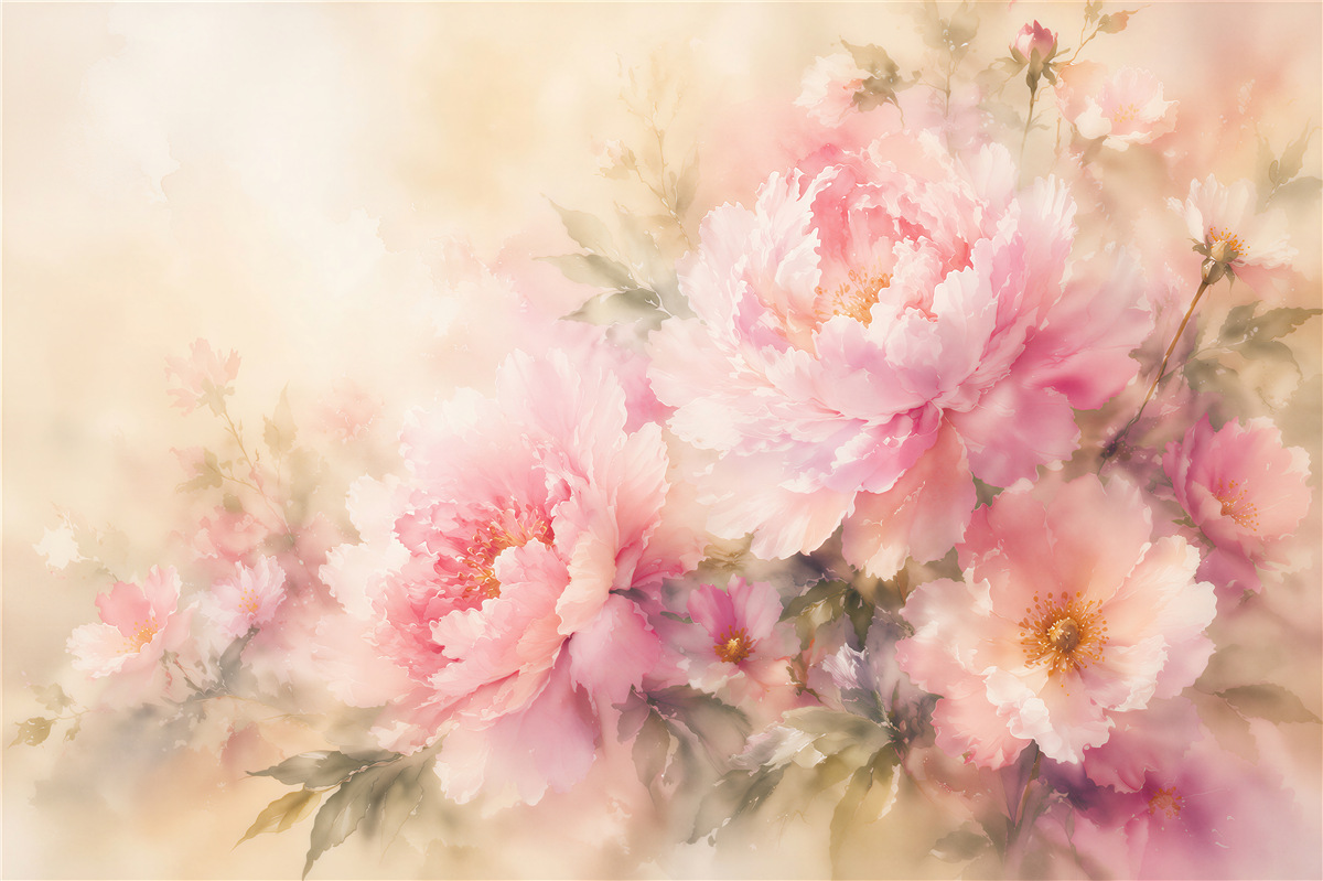 Fototapeten Rosa Pfingstrosen im Aquarellnebel