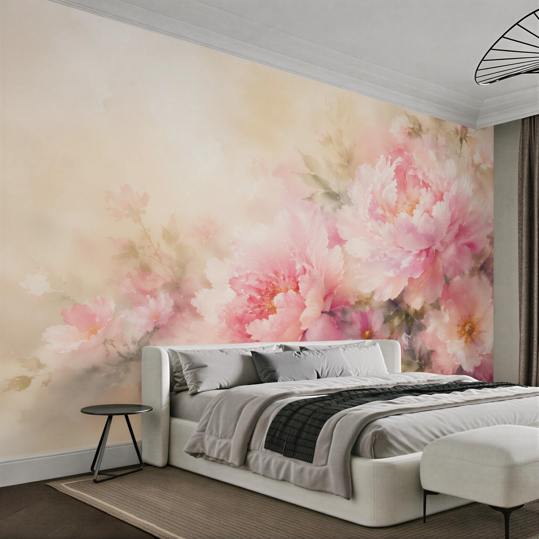 Fototapeten Rosa Pfingstrosen im Aquarellnebel