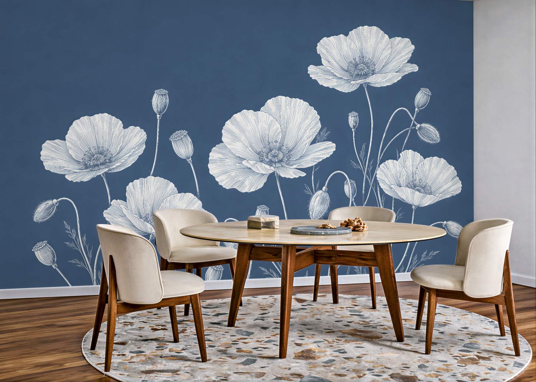 Fototapeten Weiße Mohnblumen auf Dunkelblau