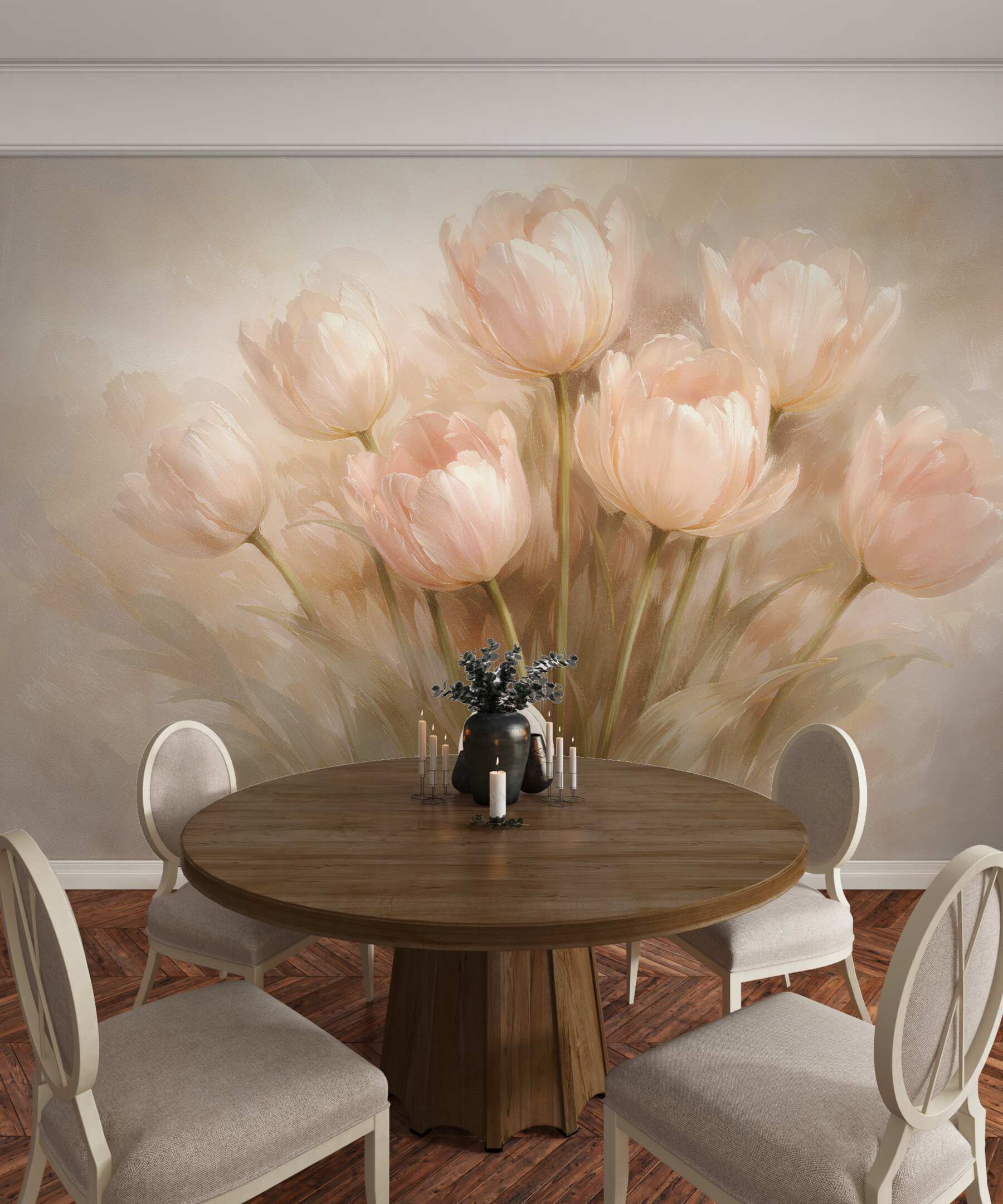 Fototapeten Puderfarbene Tulpen im Licht