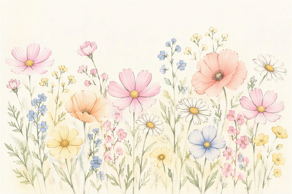 Fototapeten Pastellfarbene Blumenwiese Aquarell