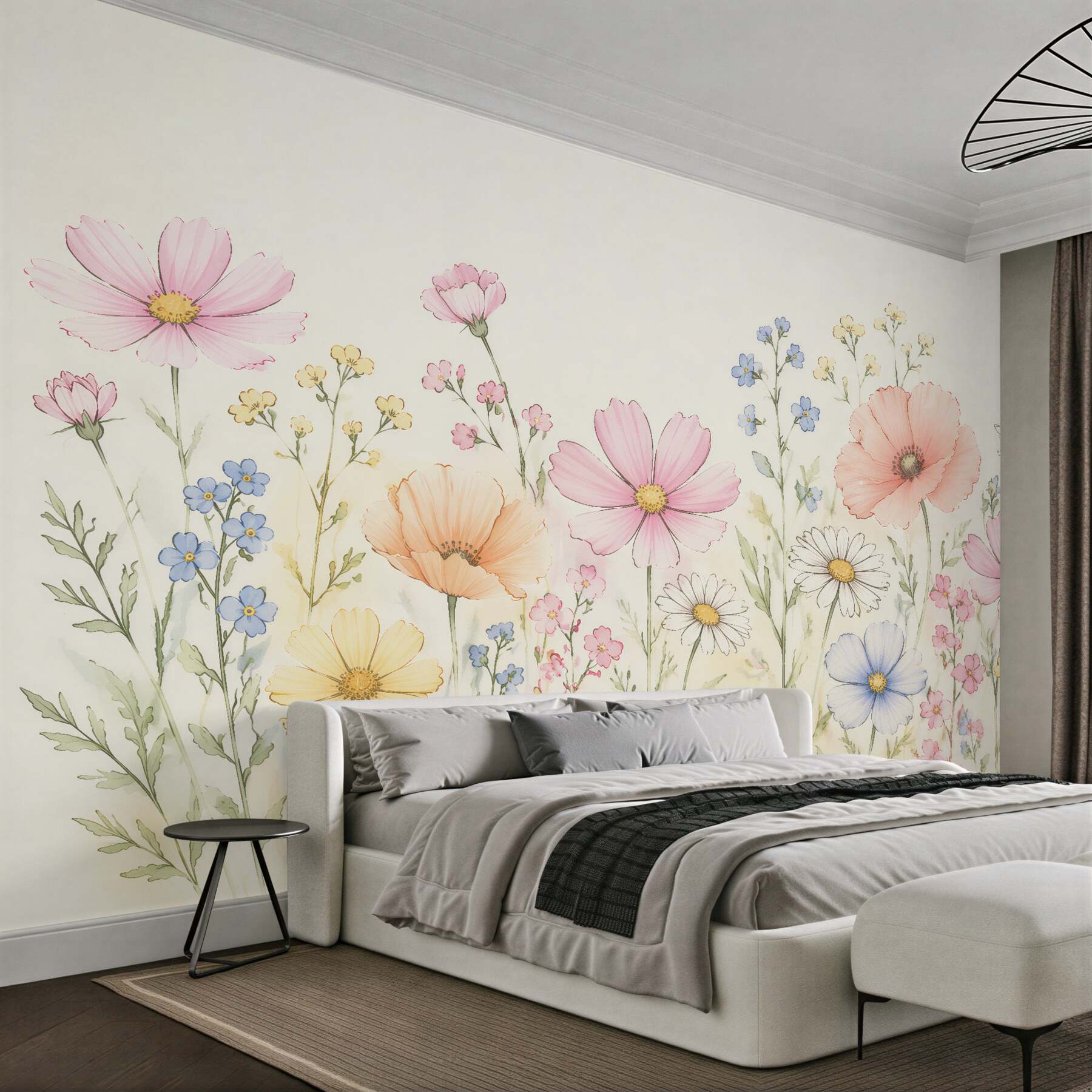 Fototapeten Pastellfarbene Blumenwiese Aquarell