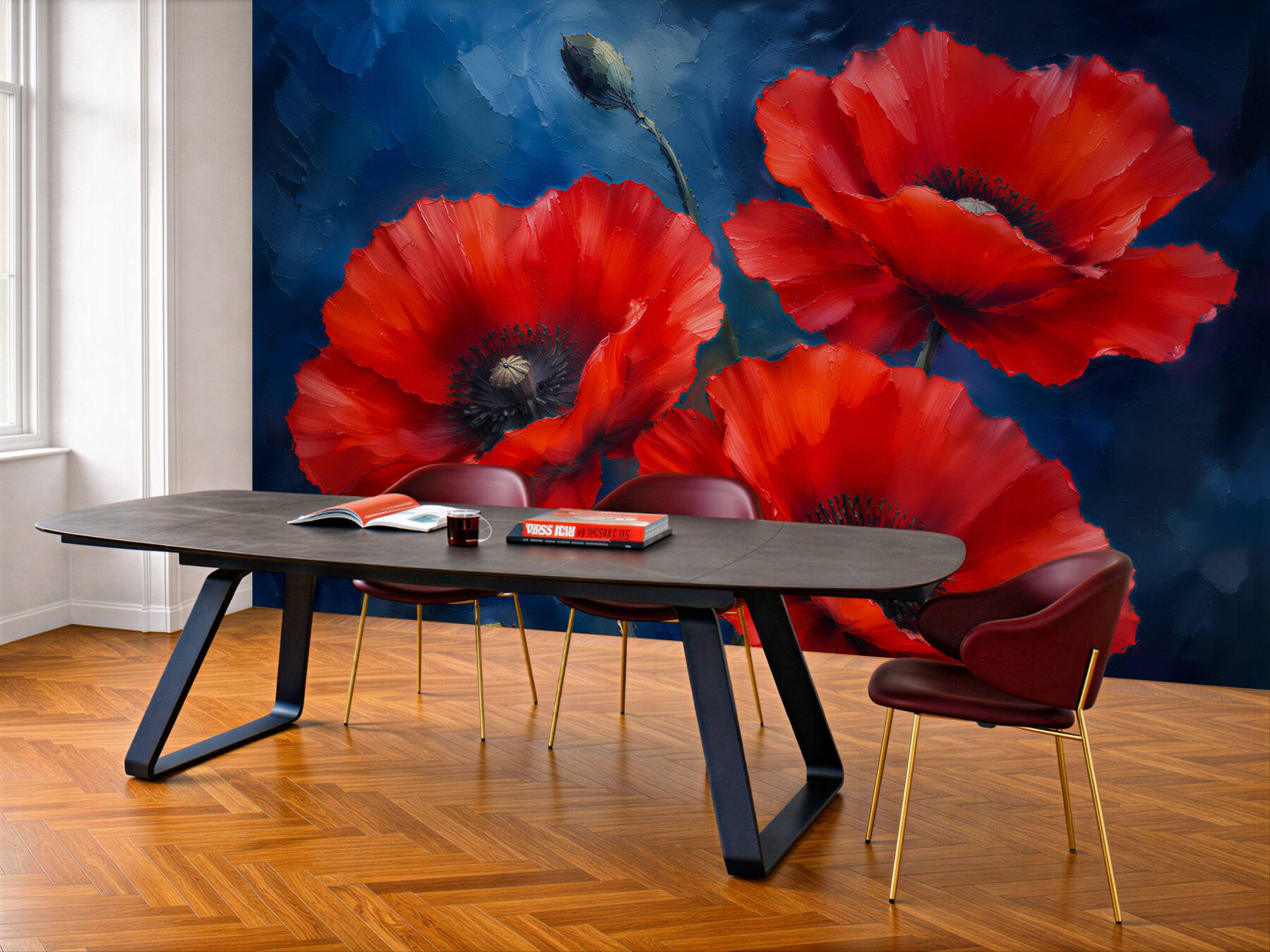 Fototapeten Rote Mohnblumen auf Dunkelblau