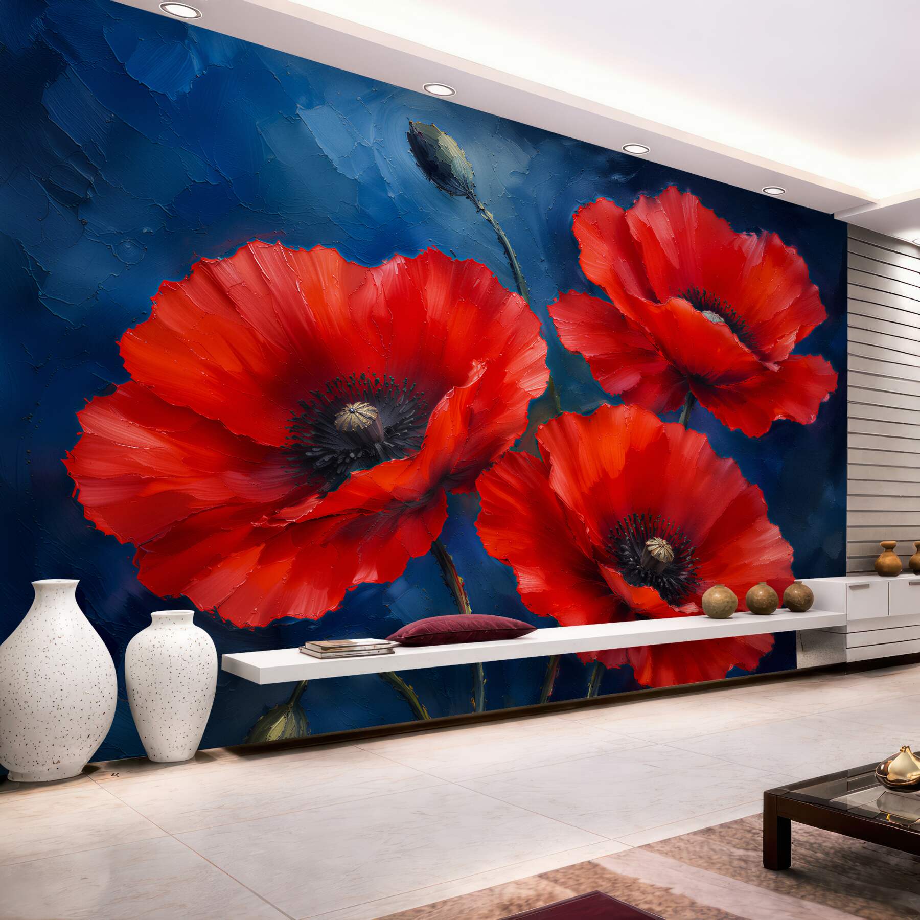 Fototapeten Rote Mohnblumen auf Dunkelblau