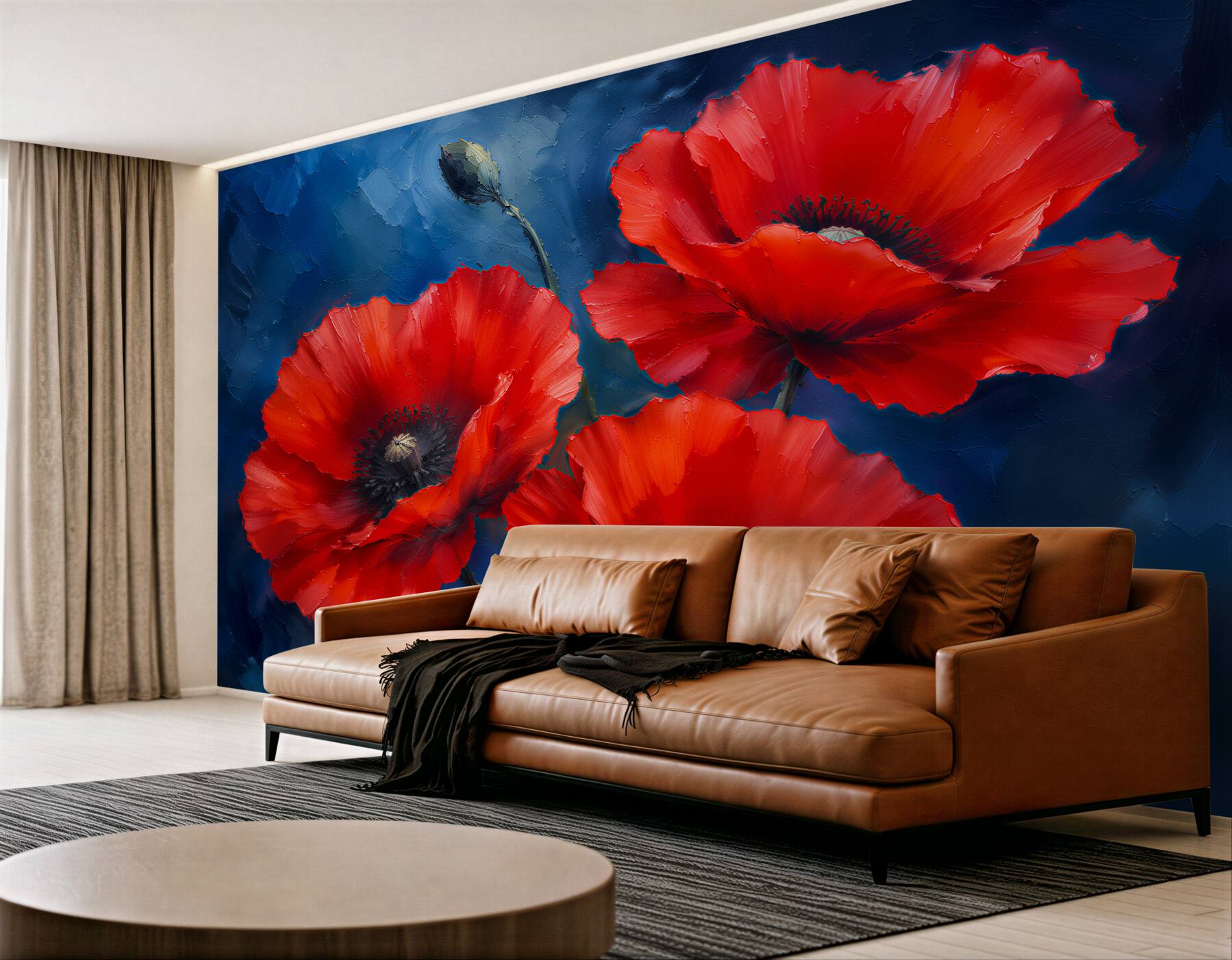 Fototapeten Rote Mohnblumen auf Dunkelblau