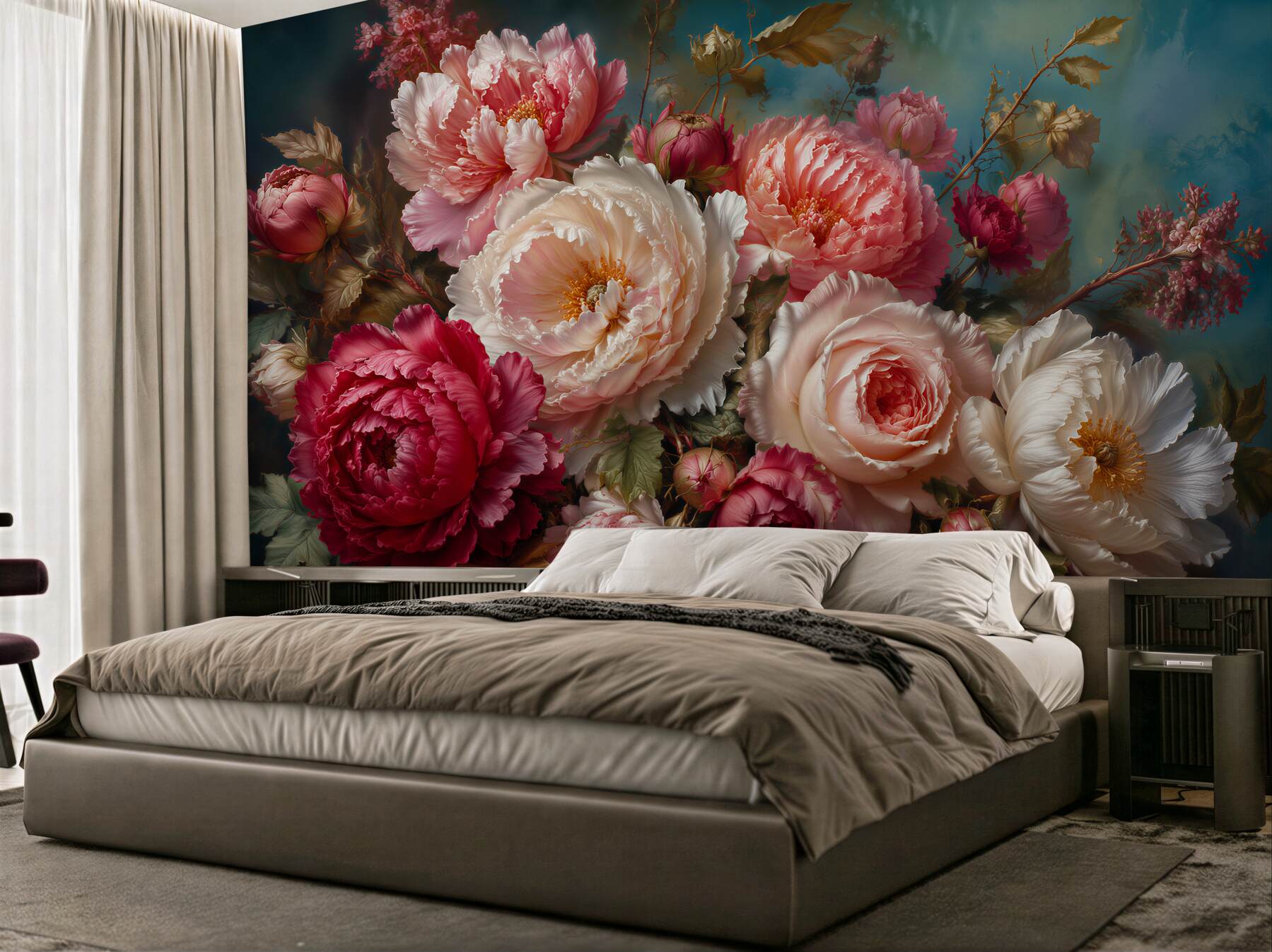 Fototapeten Pfingstrosenstrauß im künstlerischen Stil