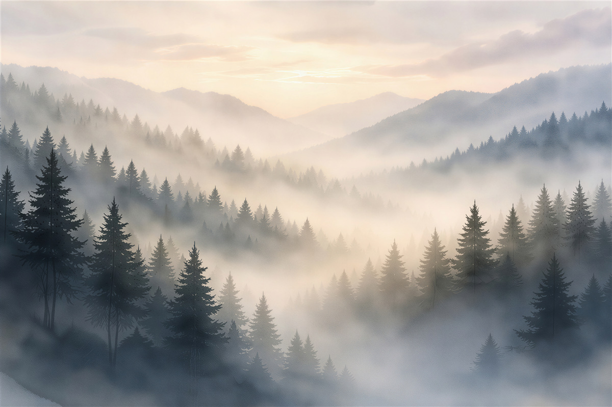 Fototapeten Morgendämmerung über dem Wald im Nebel