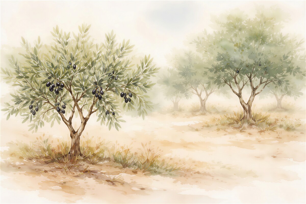 Fototapeten Aquarellhafter Olivenhain am Morgen