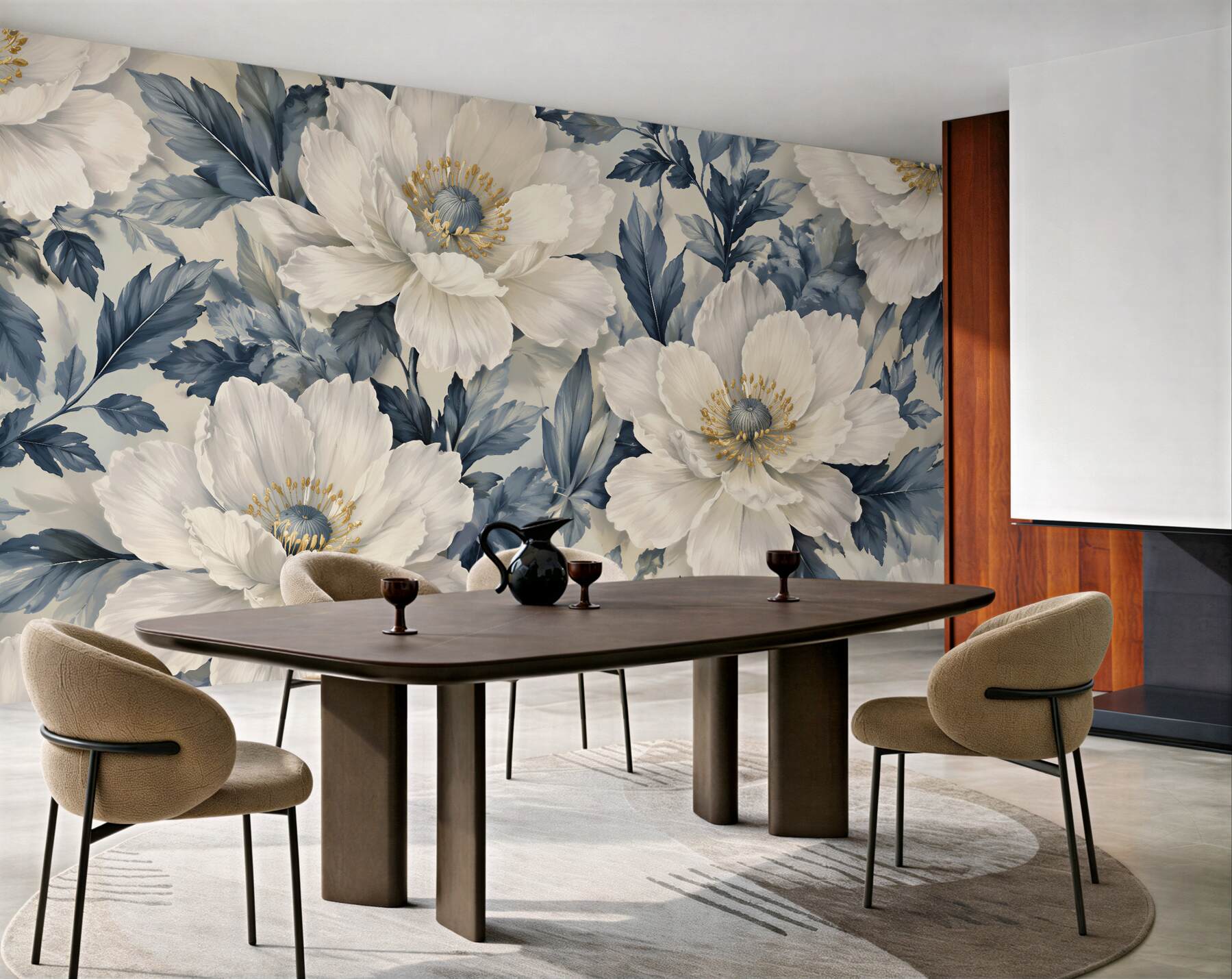 Fototapeten Weiße Blumen in blauen Blättern