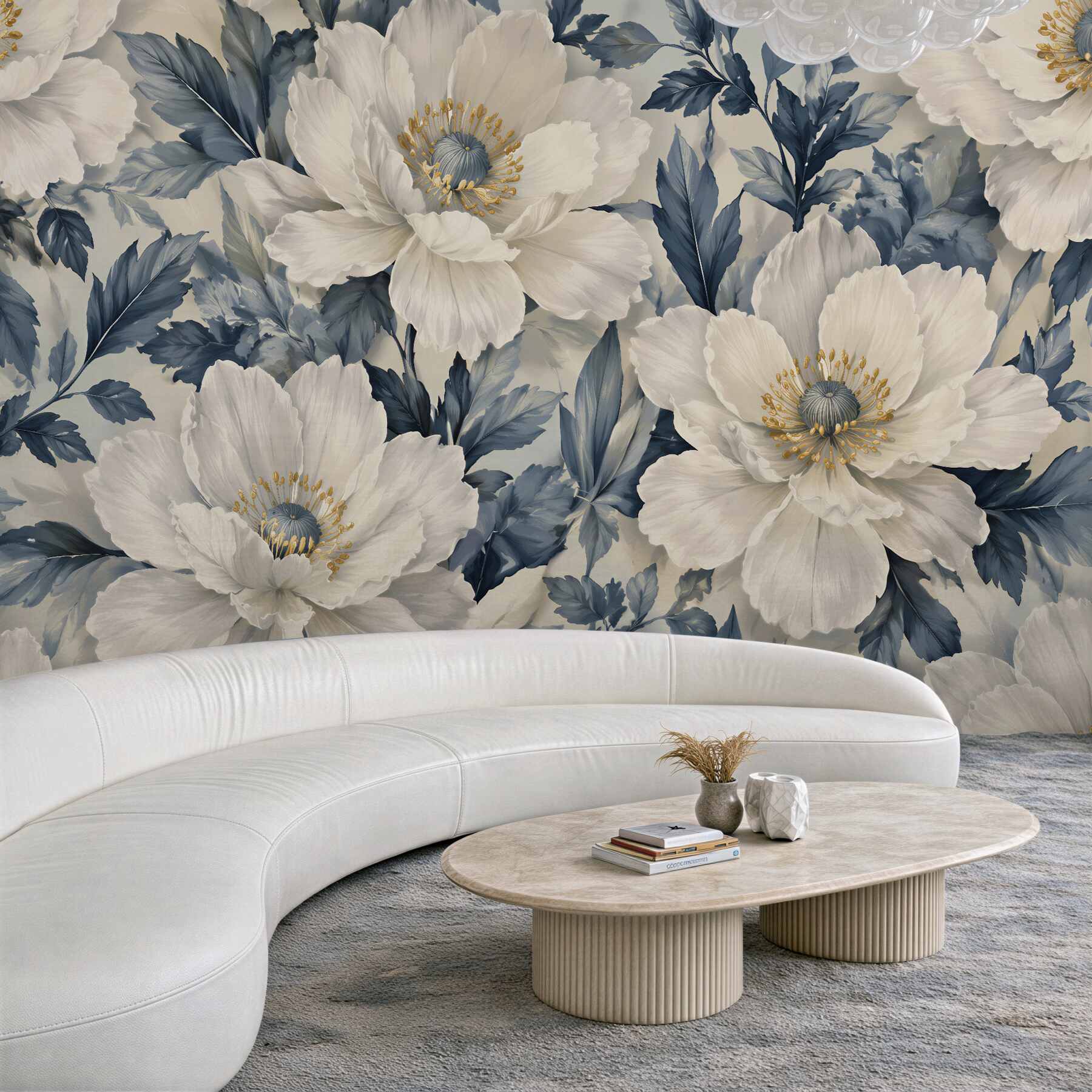 Fototapeten Weiße Blumen in blauen Blättern