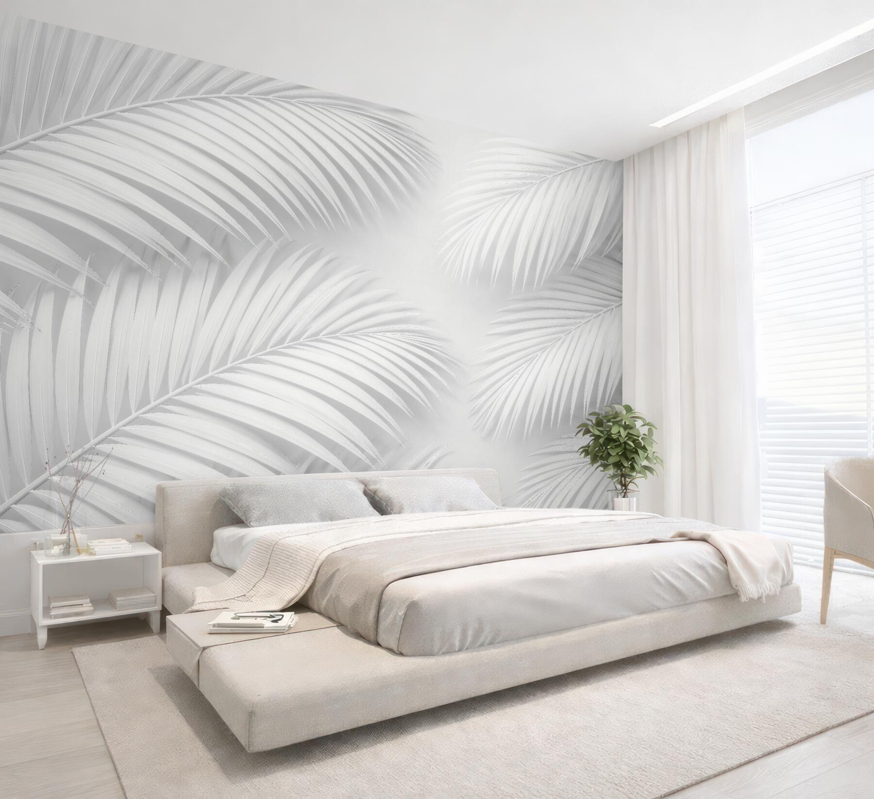 Fototapeten Weiße Palmblätter im minimalistischen Rhythmus