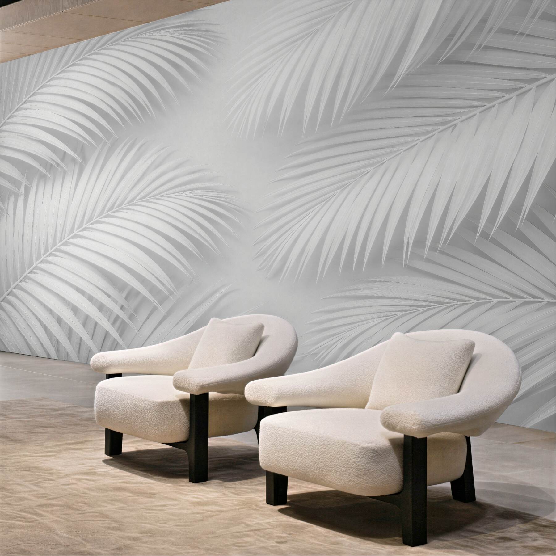 Fototapeten Weiße Palmblätter im minimalistischen Rhythmus