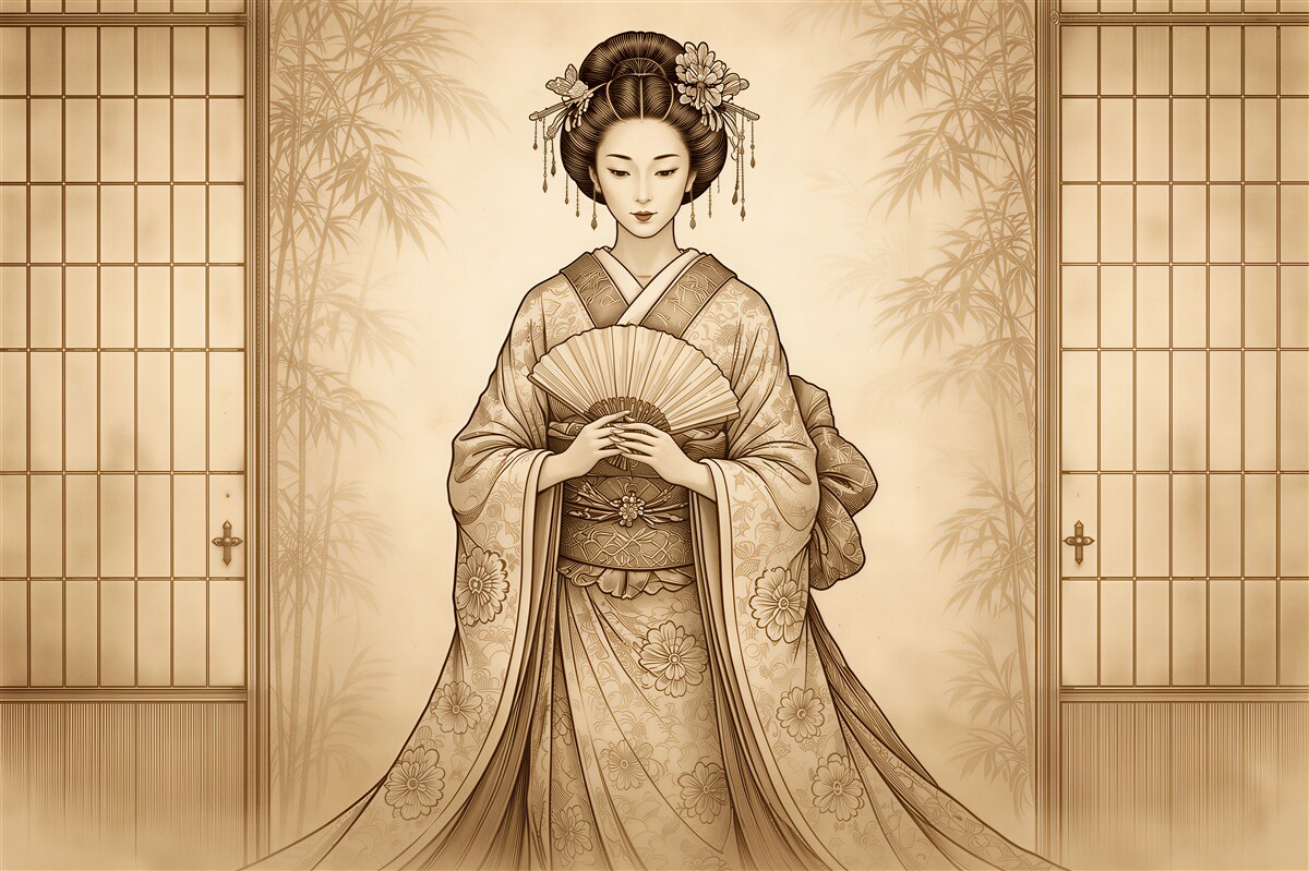 Fototapeten Geisha in bambusartiger Stille