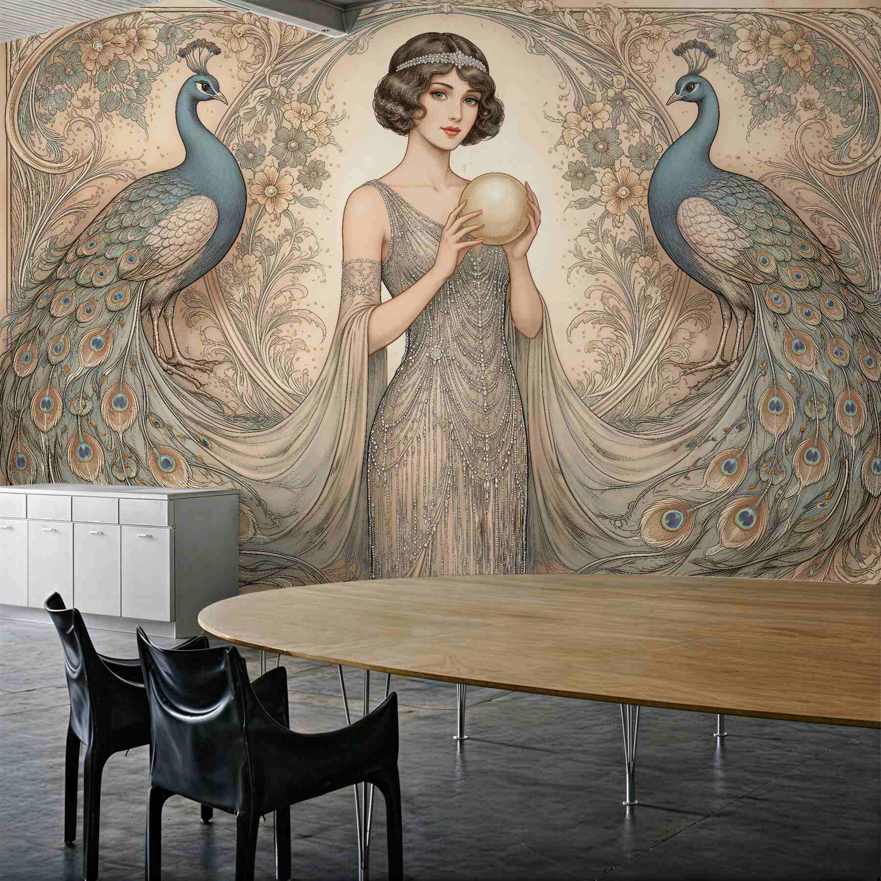 Fototapeten Pfauen und Dame im Art-déco-Stil
