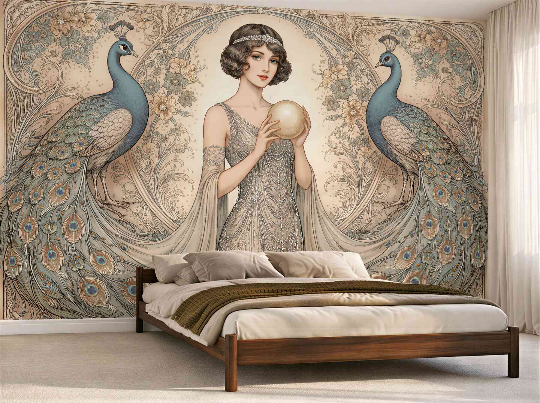 Fototapeten Pfauen und Dame im Art-déco-Stil