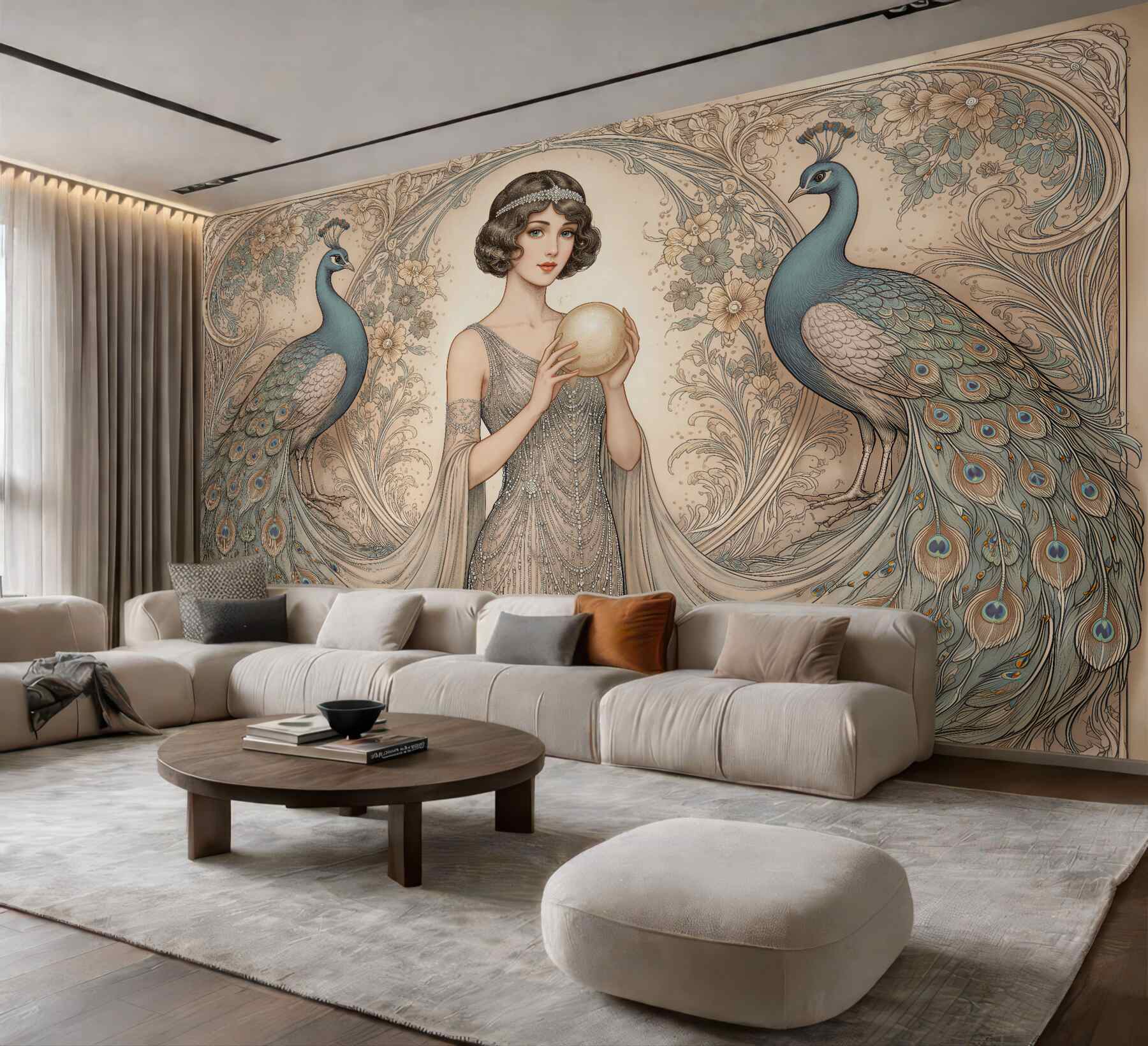 Fototapeten Pfauen und Dame im Art-déco-Stil