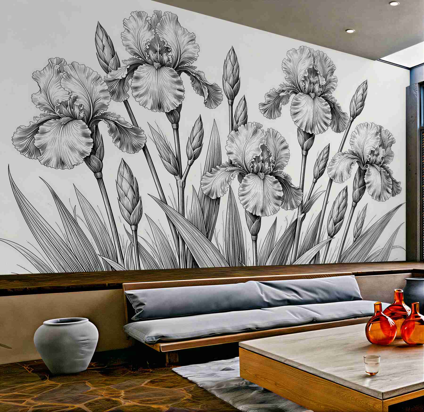 Fototapeten Elegante Irisblumen in Strichzeichnung
