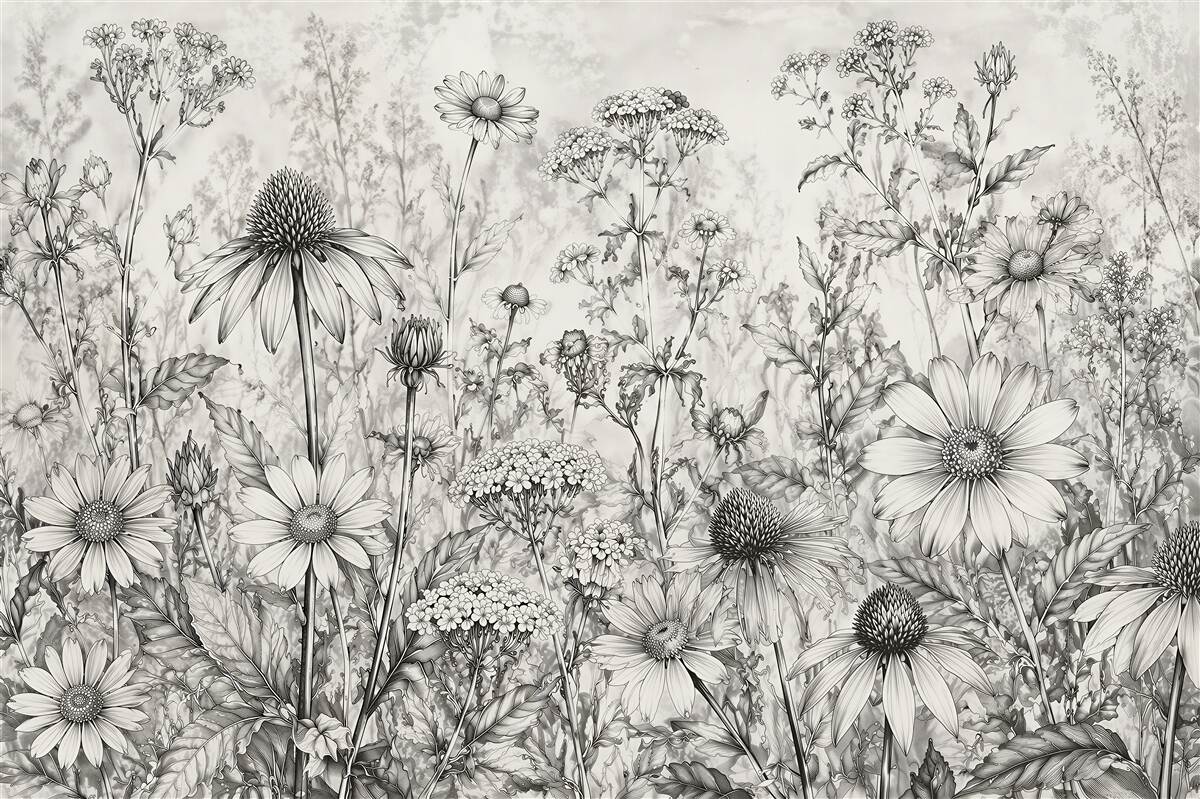 Fototapeten Wiesenblumen in zarter Zeichnung