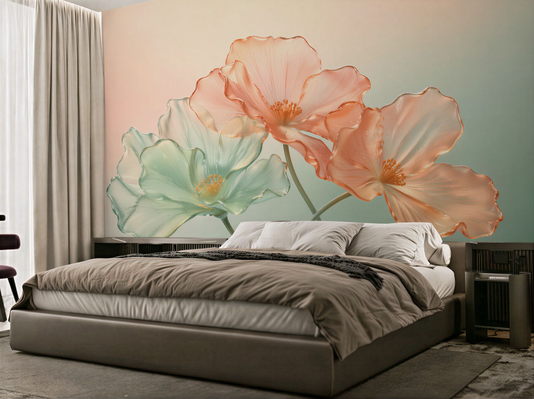 Fototapeten Gläserne Blumen in pastellfarbenem Glanz