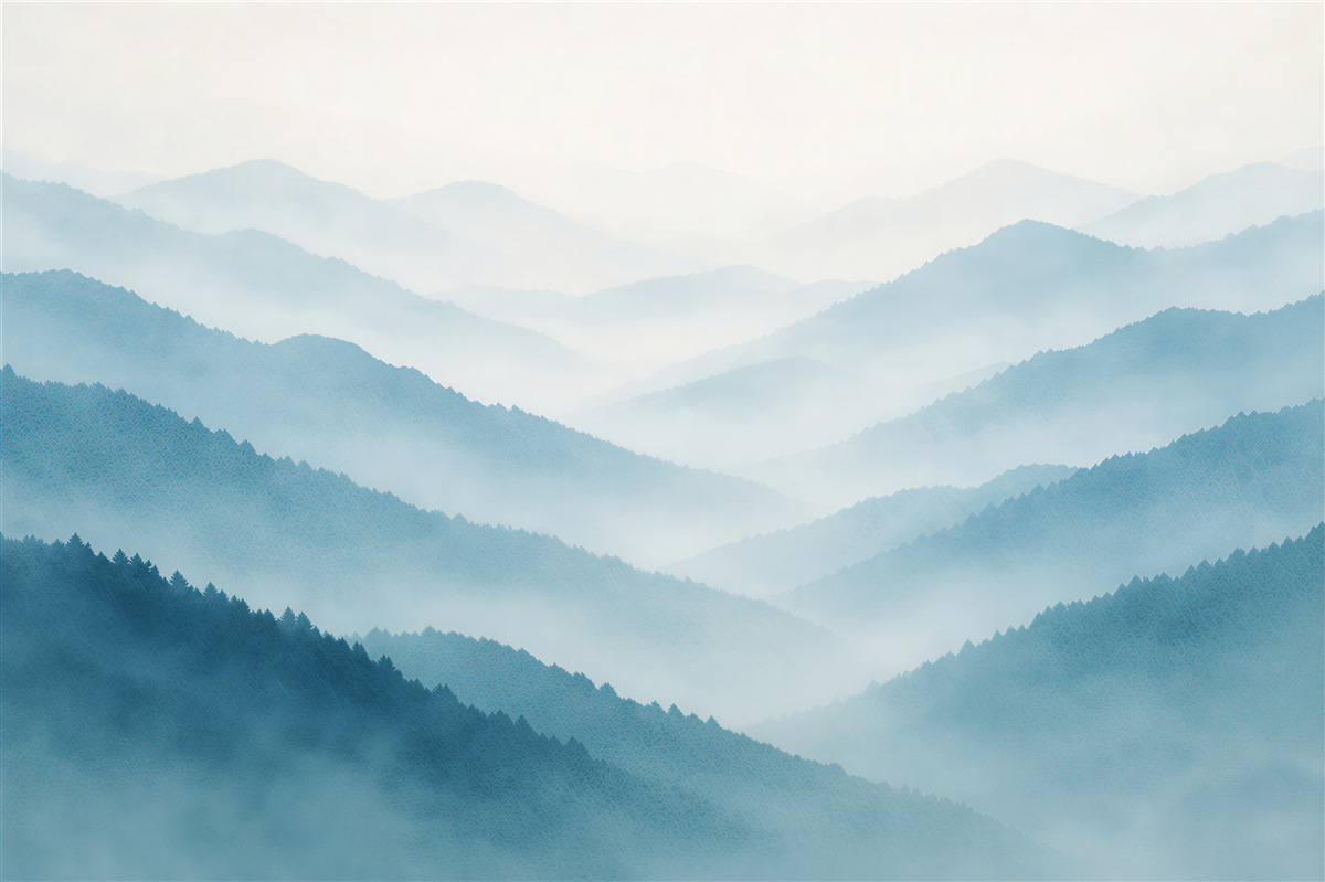 Fototapeten Blaue Berge im zarten Nebel