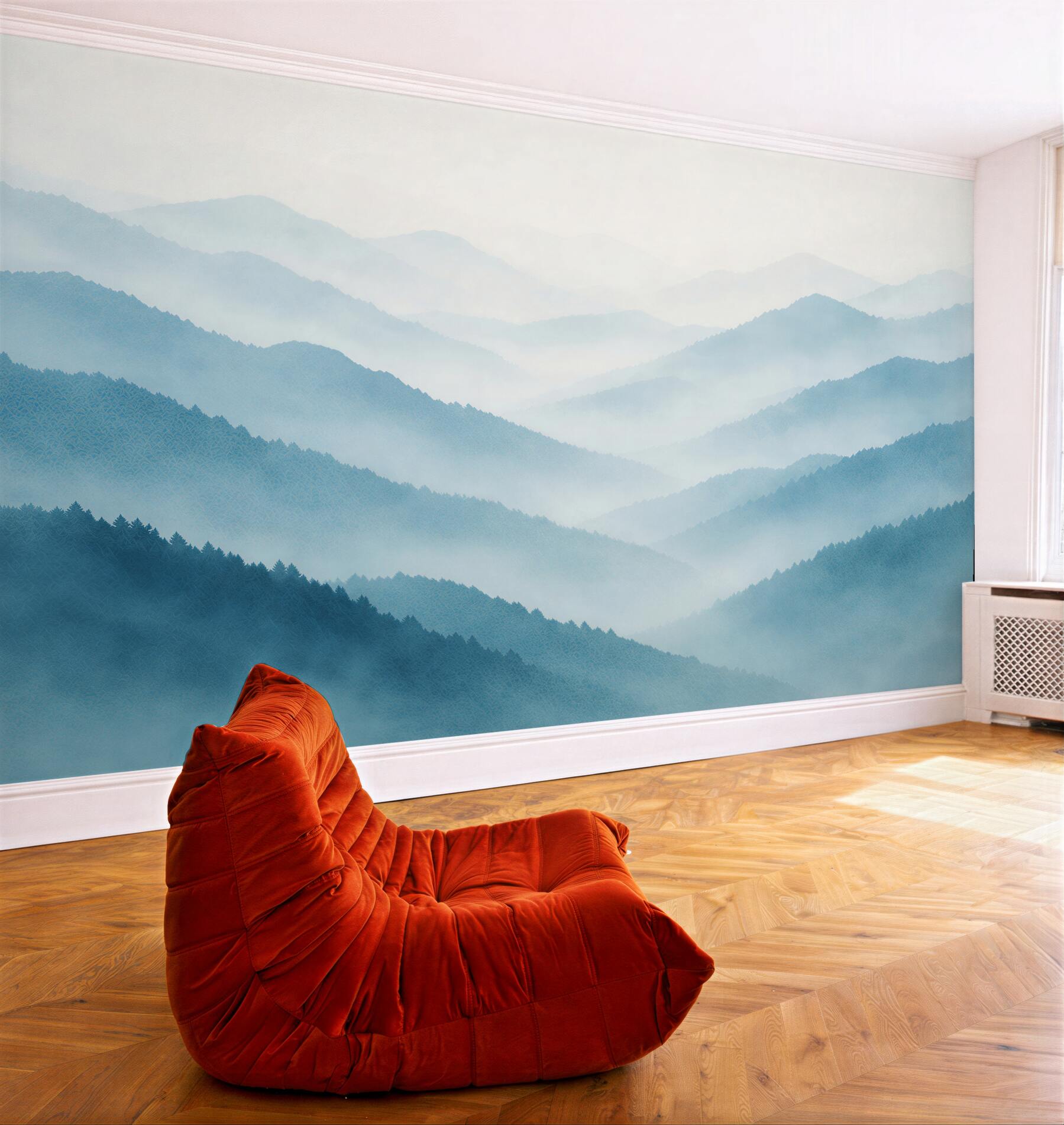 Fototapeten Blaue Berge im zarten Nebel