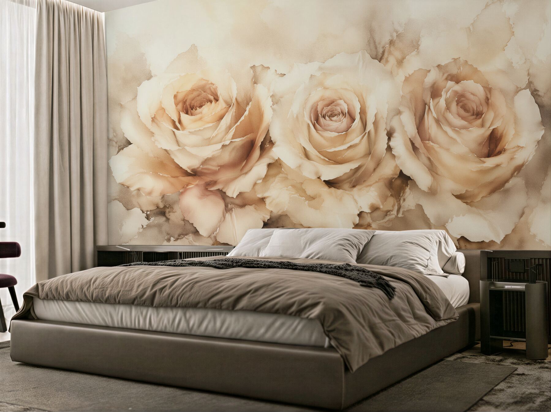 Fototapeten Cremefarbene Rosen in weicher Aquarelloptik