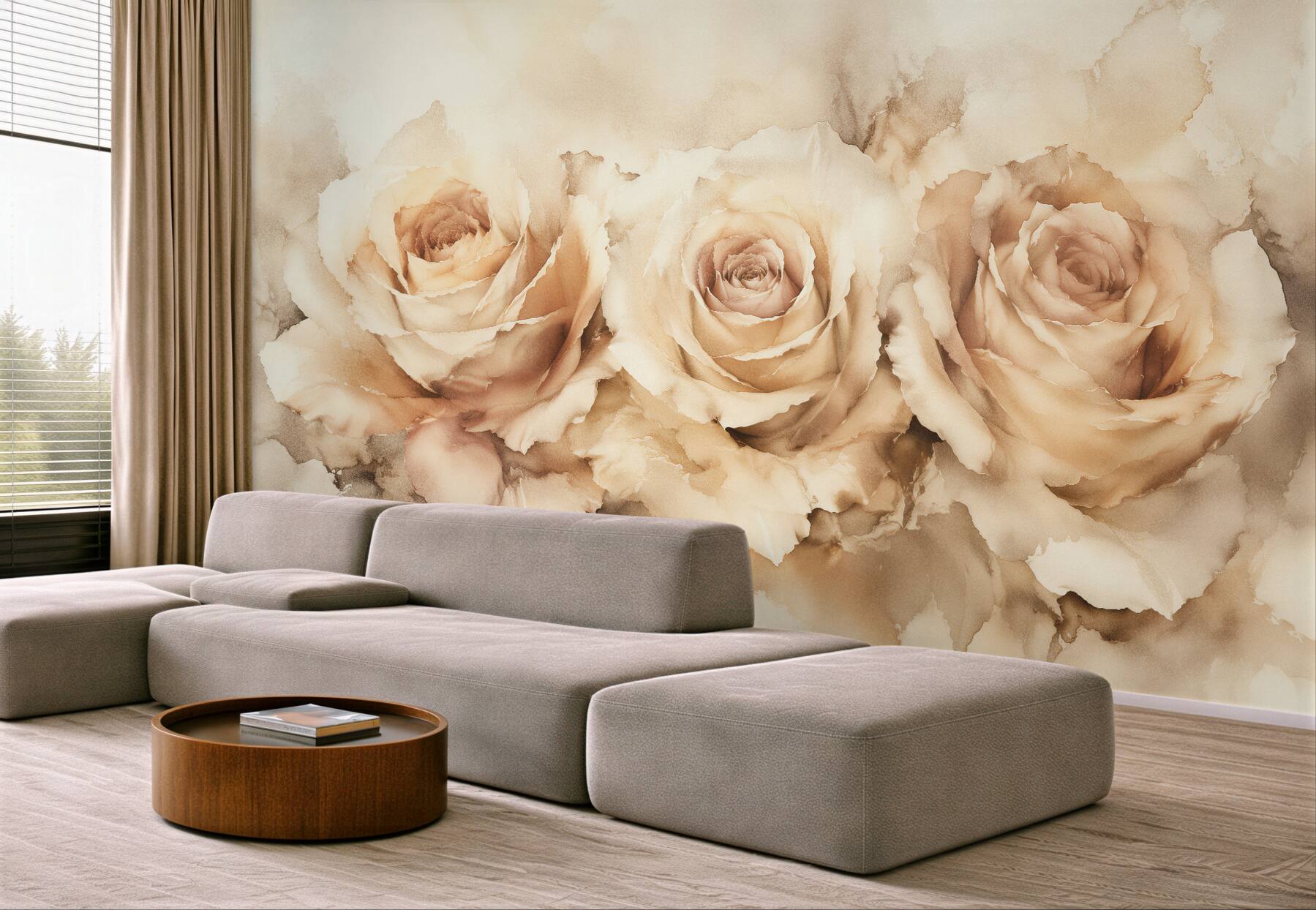 Fototapeten Cremefarbene Rosen in weicher Aquarelloptik