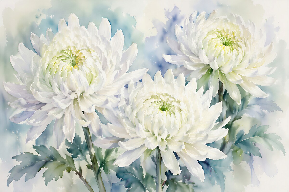 Fototapeten Weiße Chrysanthemen in Aquarellruhe