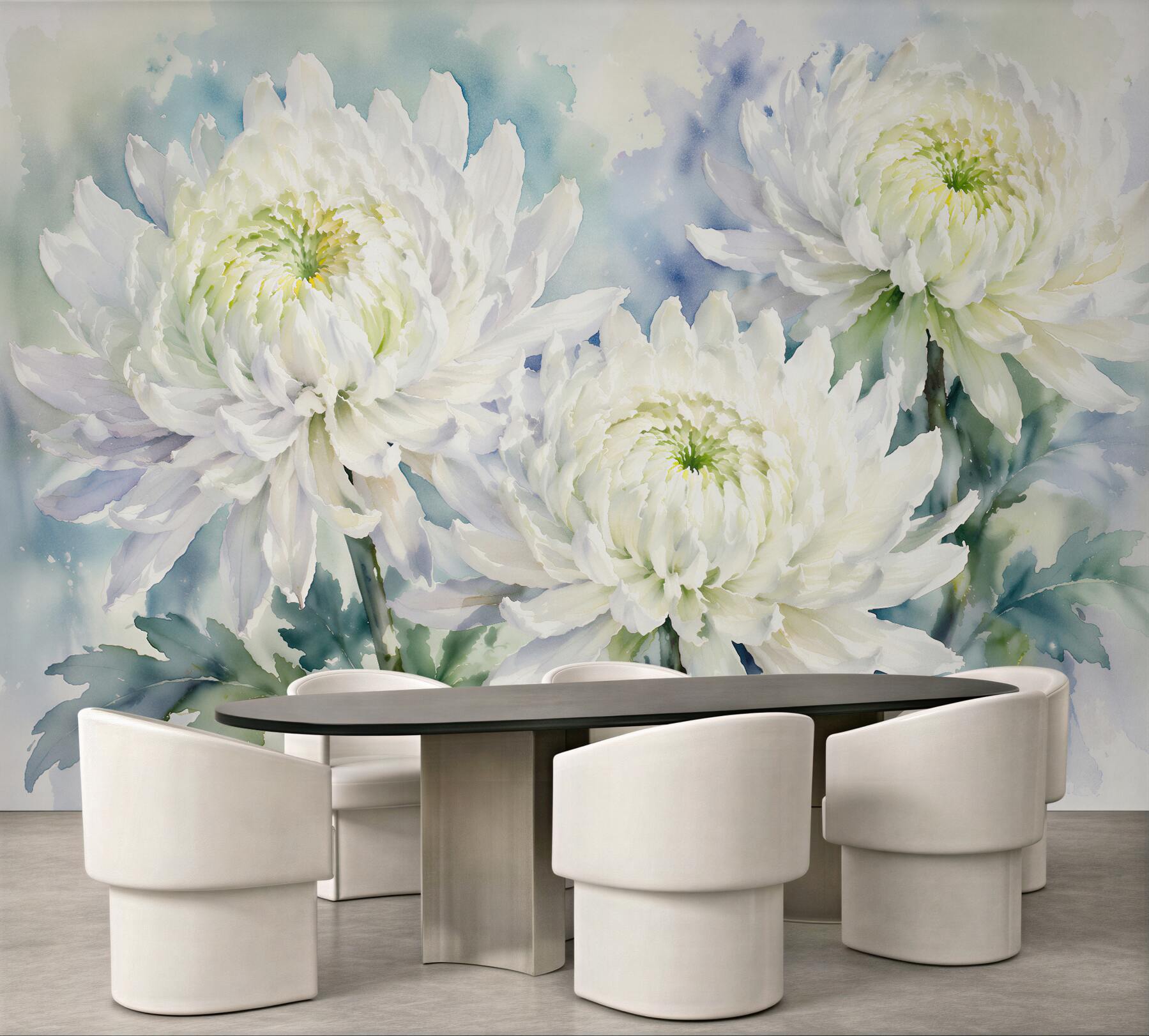 Fototapeten Weiße Chrysanthemen in Aquarellruhe