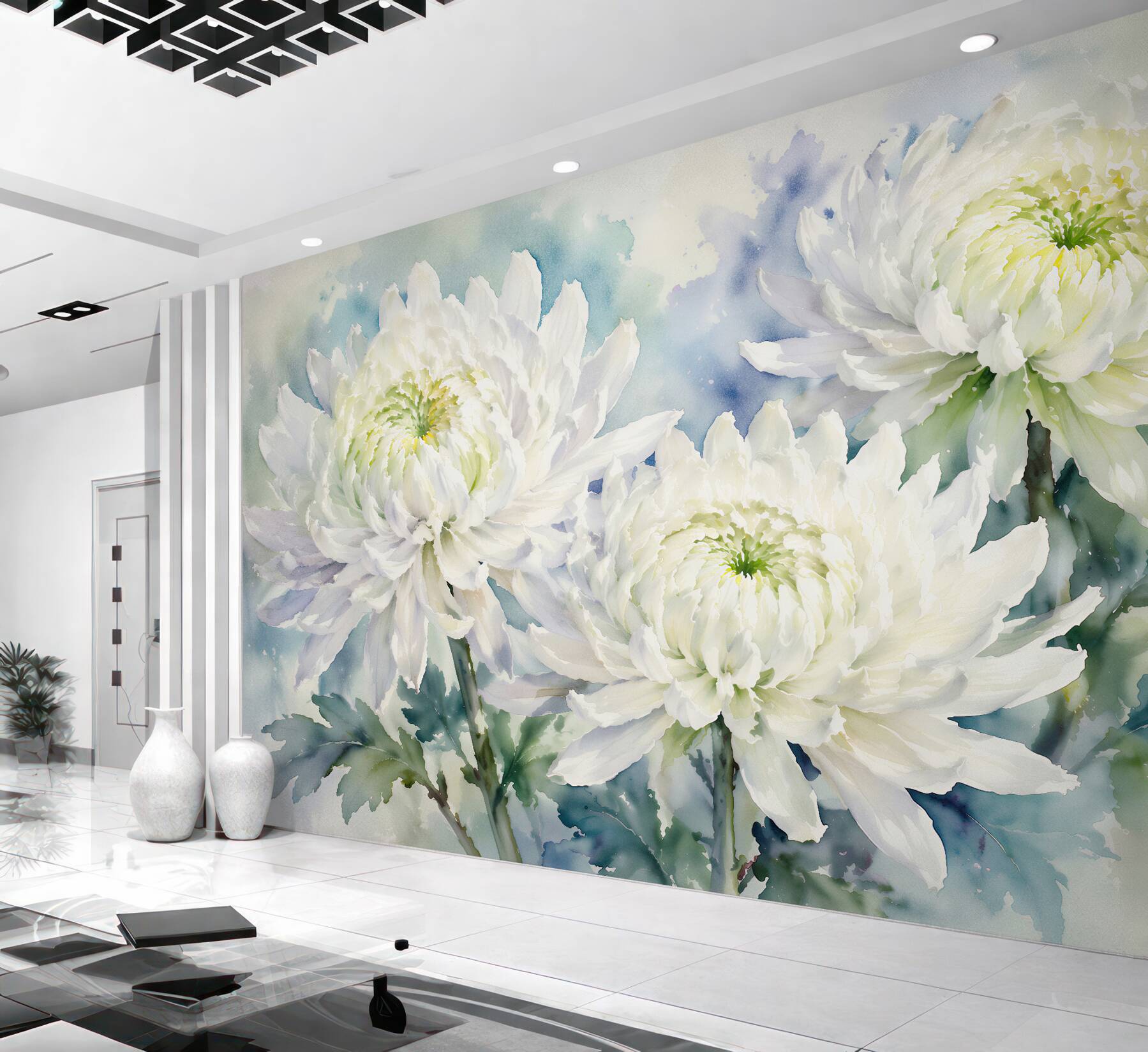 Fototapeten Weiße Chrysanthemen in Aquarellruhe
