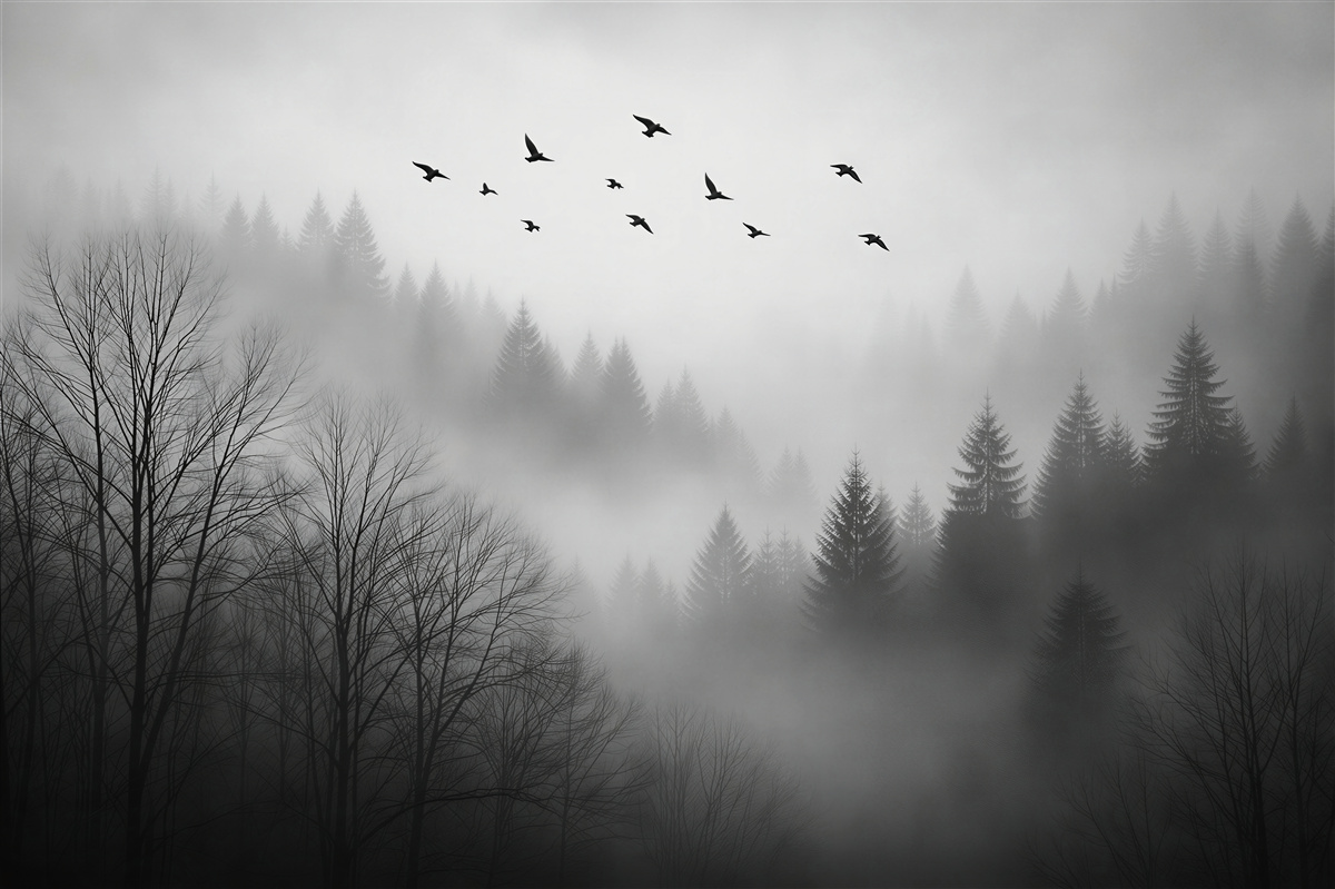 Fototapeten Nebelwald mit Vögeln