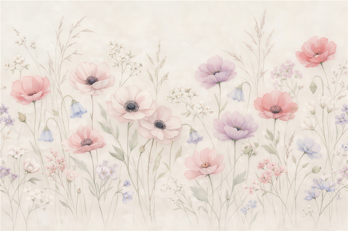 Fototapeten Pastellfarbene Blumenwiese