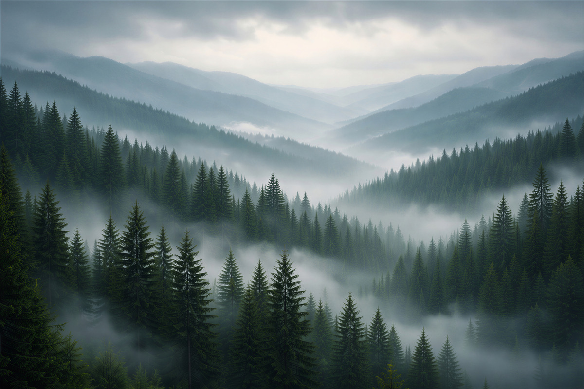 Fototapeten Nebeliger Bergwald im Morgengrauen